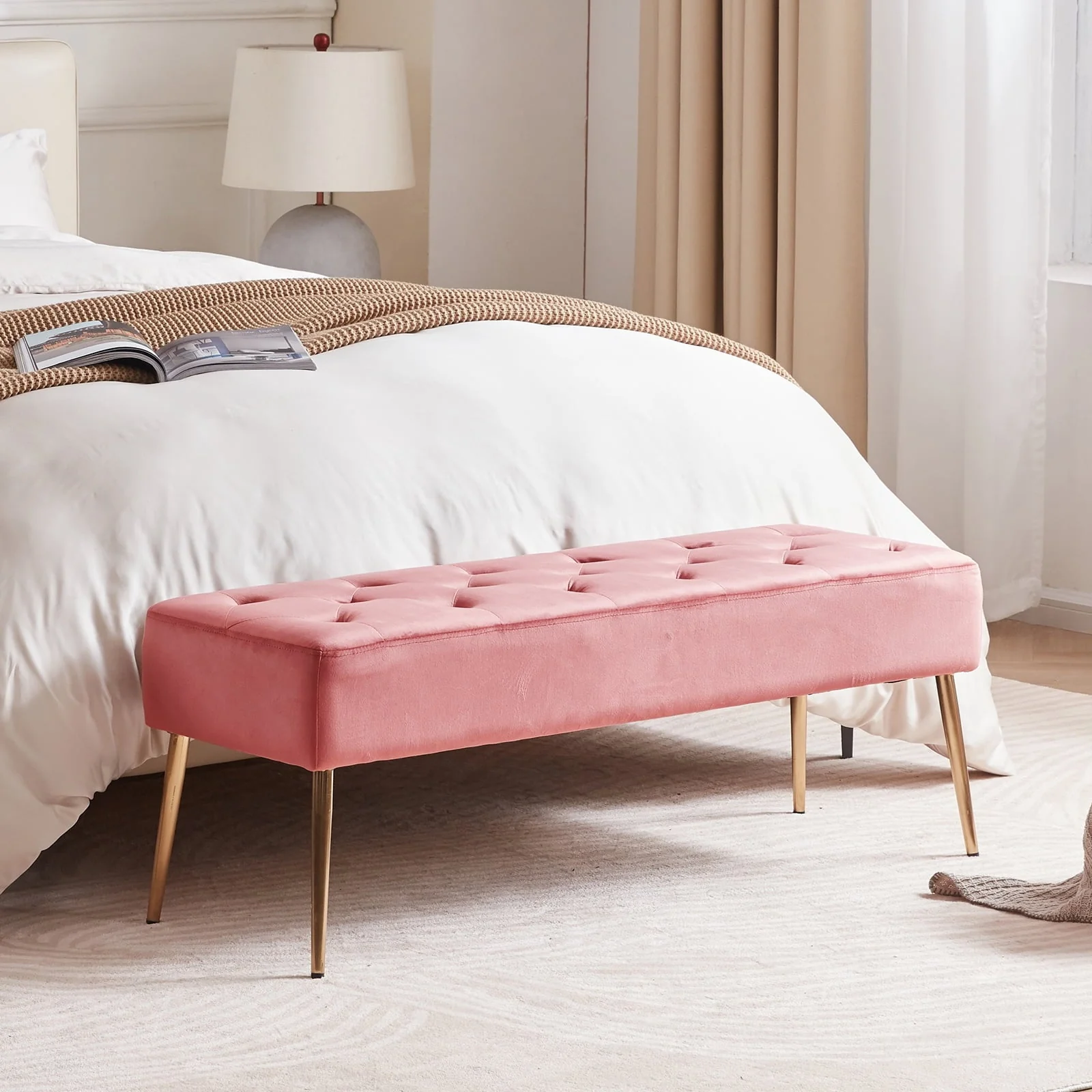 Duhome Elegant Lifestyle Modern Velvet Bench Ottoman, Upholstered Bench for Entryway Bedroom, Tufted End of Bed Bench, Pink(Atrovirens)