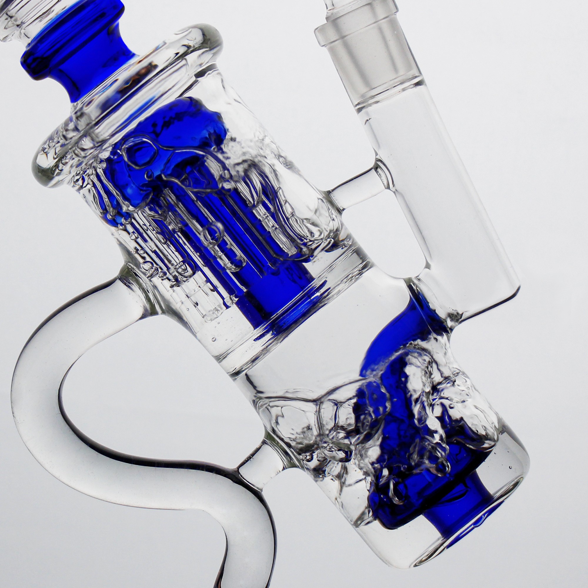 Two-stage percolator assembly and recirculating drain inside the blue recycler water pipe