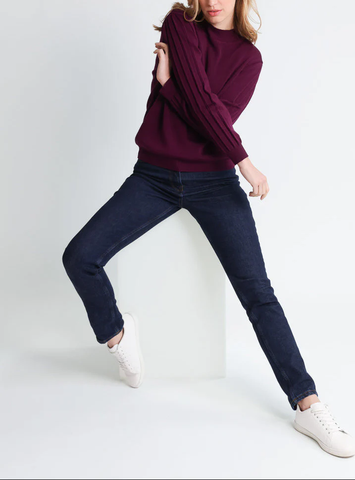 Pull femme en laine mérinos manches fantaisies Violet nuit
