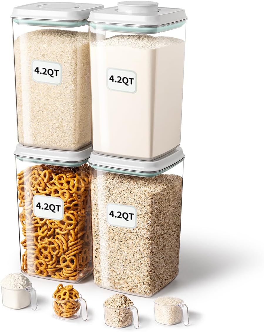 Ankou Airtight Food Storage Container with Pop Lid & 130ml Scoop, 4L/4.2qt *4 BPA-Free Cereal, Rice, Flour, Pasta & Snack Container, Stackable & Durable, Kitchen Pantry Organizer