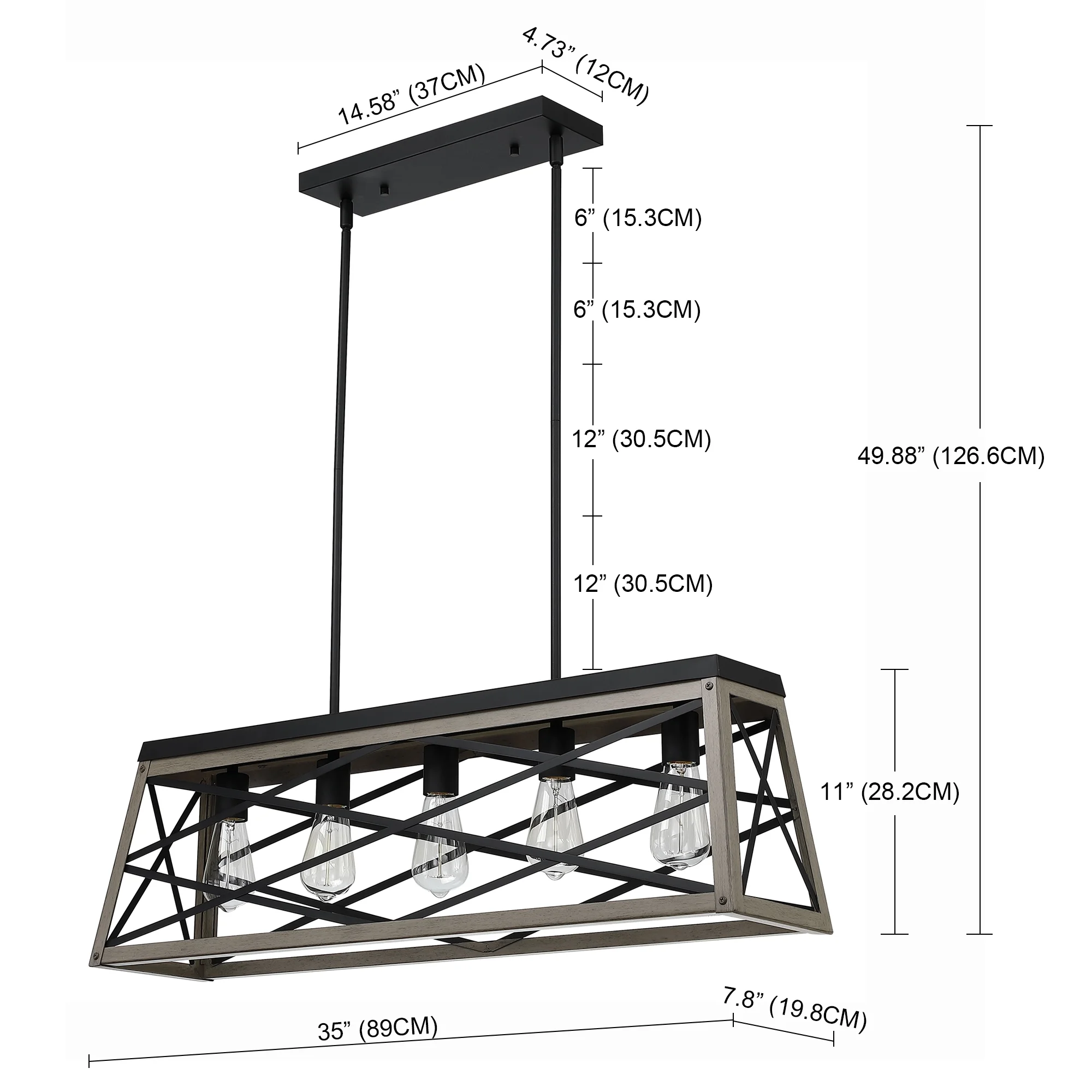 5-Light Farmhouse Matte Black Chandelier Industrial Pendant Lighting for Kitchen Island for Dining Room, Living Room