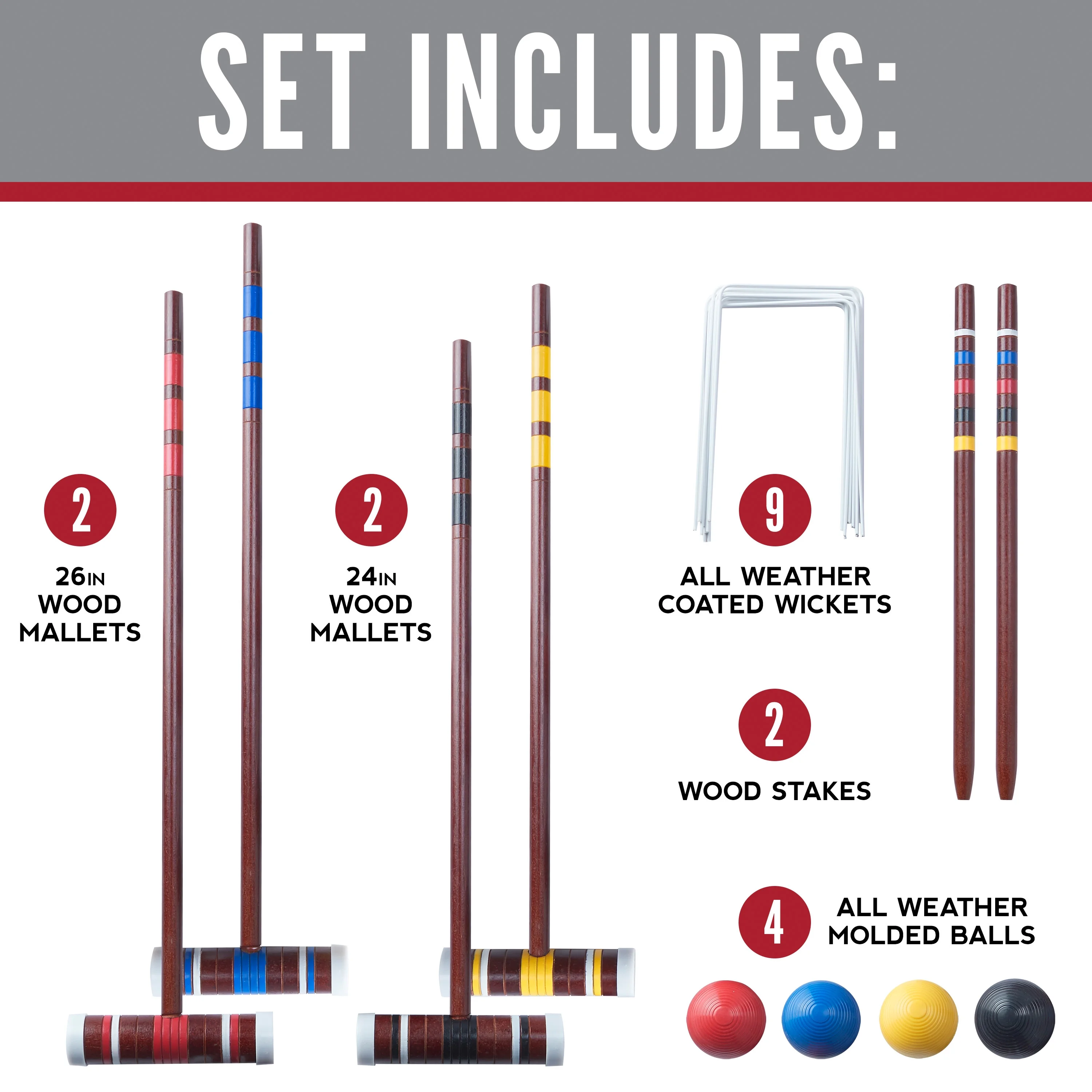 Croquet Set Includes 4 Croquet Wood Mallets, 4 All Weather Balls, 2 Wood Stakes and 9 Metal Wickets Classic Family Outdoor Game Starter Set(1) - Image 2