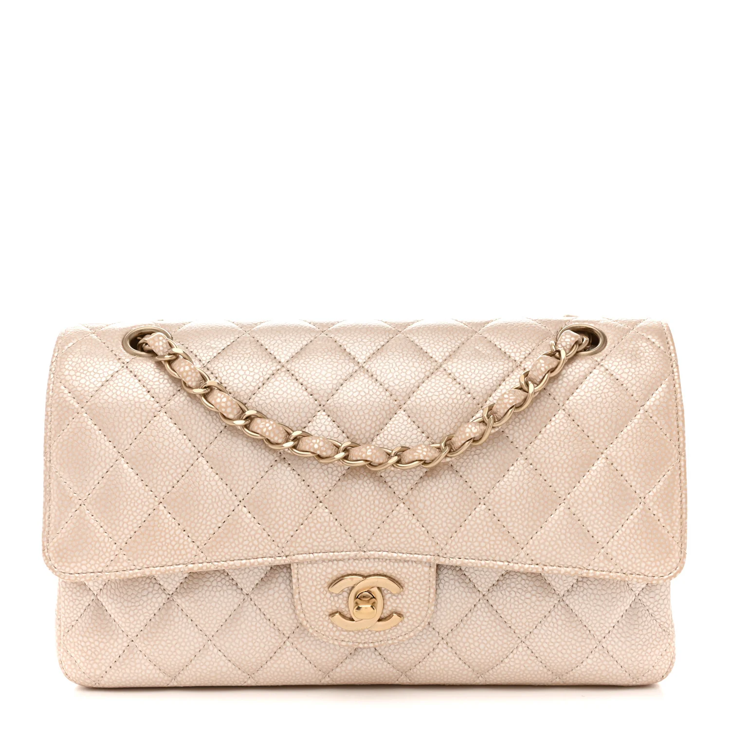 Pearly Caviar Quilted Medium Double Flap Light Beige