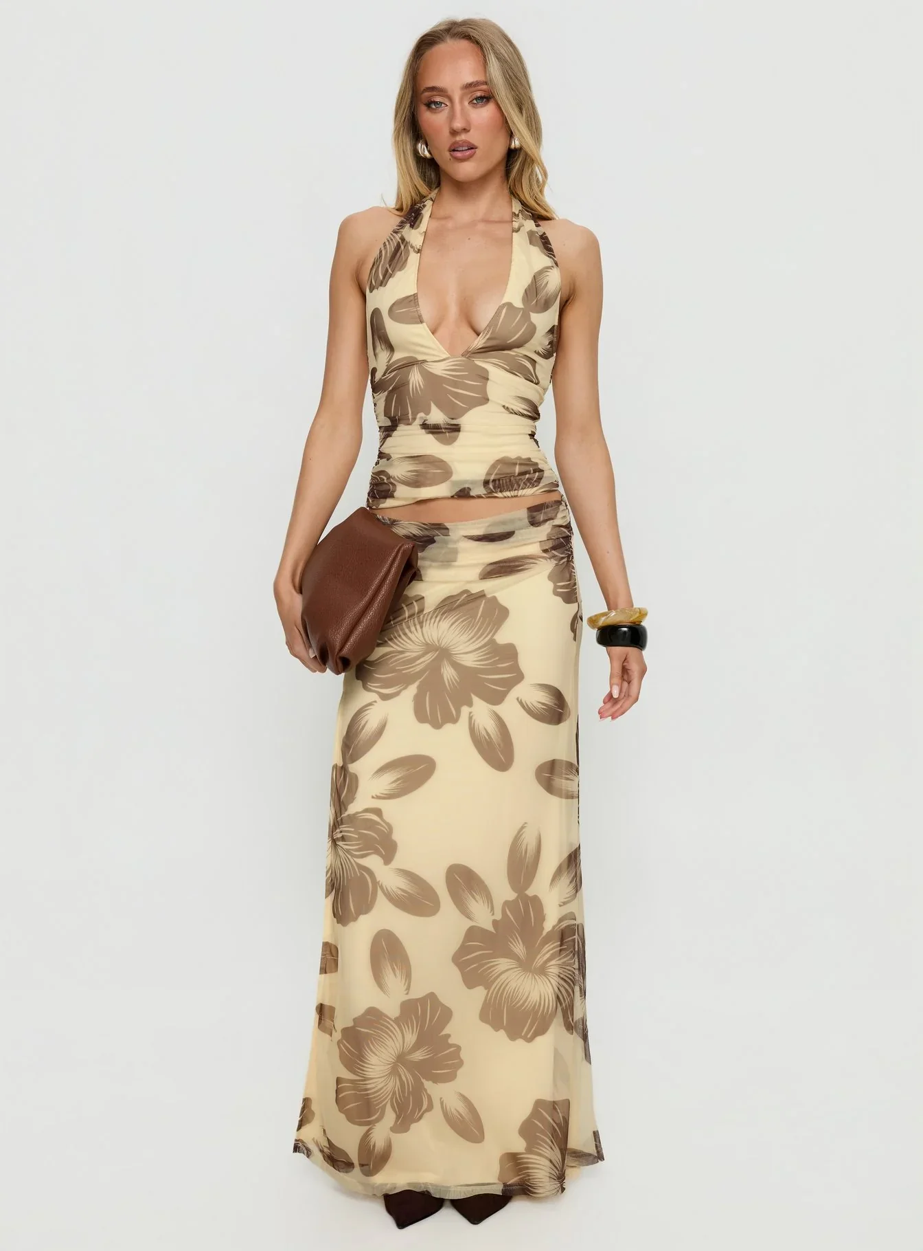 Roselin Mesh Maxi Skirt Brown Floral