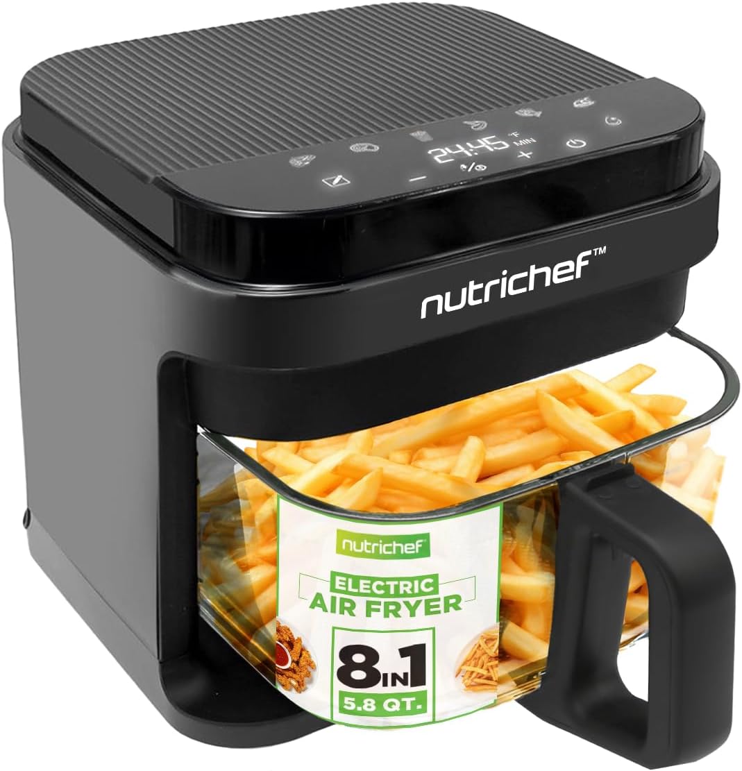 Nutrichef 5.8 Quart Air Fryer| 8-1 Preset Cook Modes| Transparent Fry Bowl for Best Cooking Results| Cook Shrimp, Steak, Fries, Wings, Chicken & More| Precise Temperature Control & Timing| Grey
