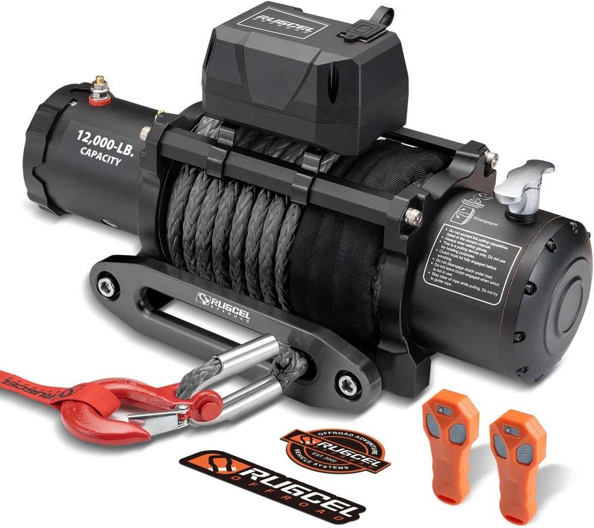 Treuil électrique RUGCEL WINCH 12000 lb 12 V pour camion, étanche, à câble en acier noir, avec guide-câble à rouleaux, poignée filaire, 2 télécommandes infrarouges et treuil pour remorque.
