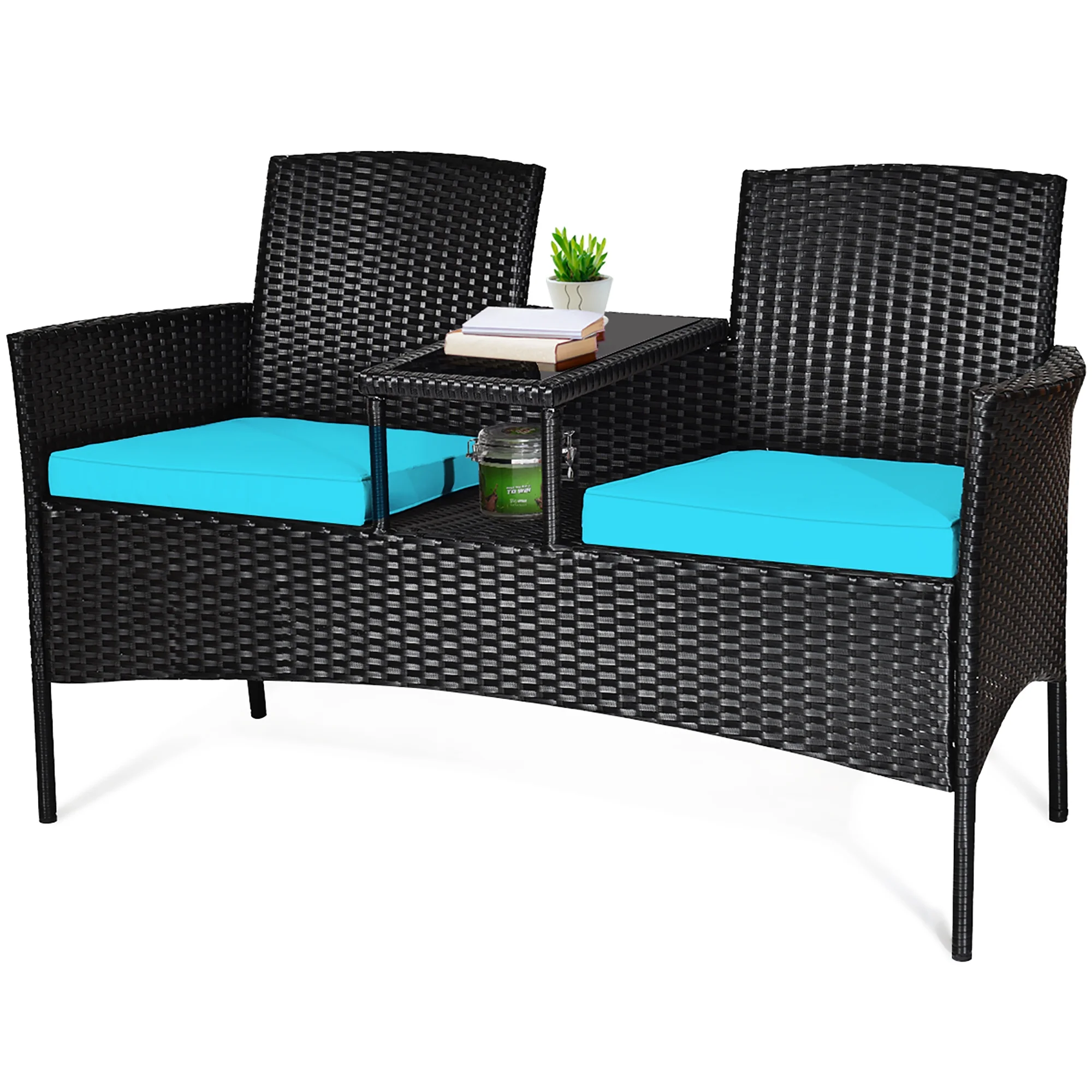 Patio Rattan Conversation Set Seat Sofa Cushioned Loveseat Chairs Turquoise(Turquoise) - Image 2