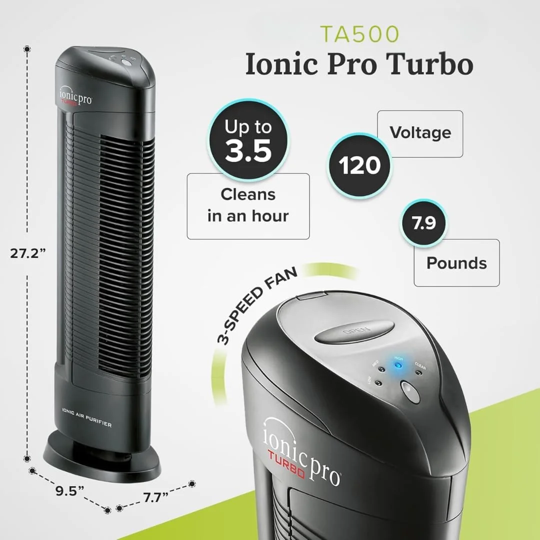 Ionic Pro Turbo (TA550) Ionic Air Purifier Tower for Home, Quiet Ionic Filterless Design, Covers up to 500 Sq. Ft., Removes Odors, Smoke, Dust, and Allergens