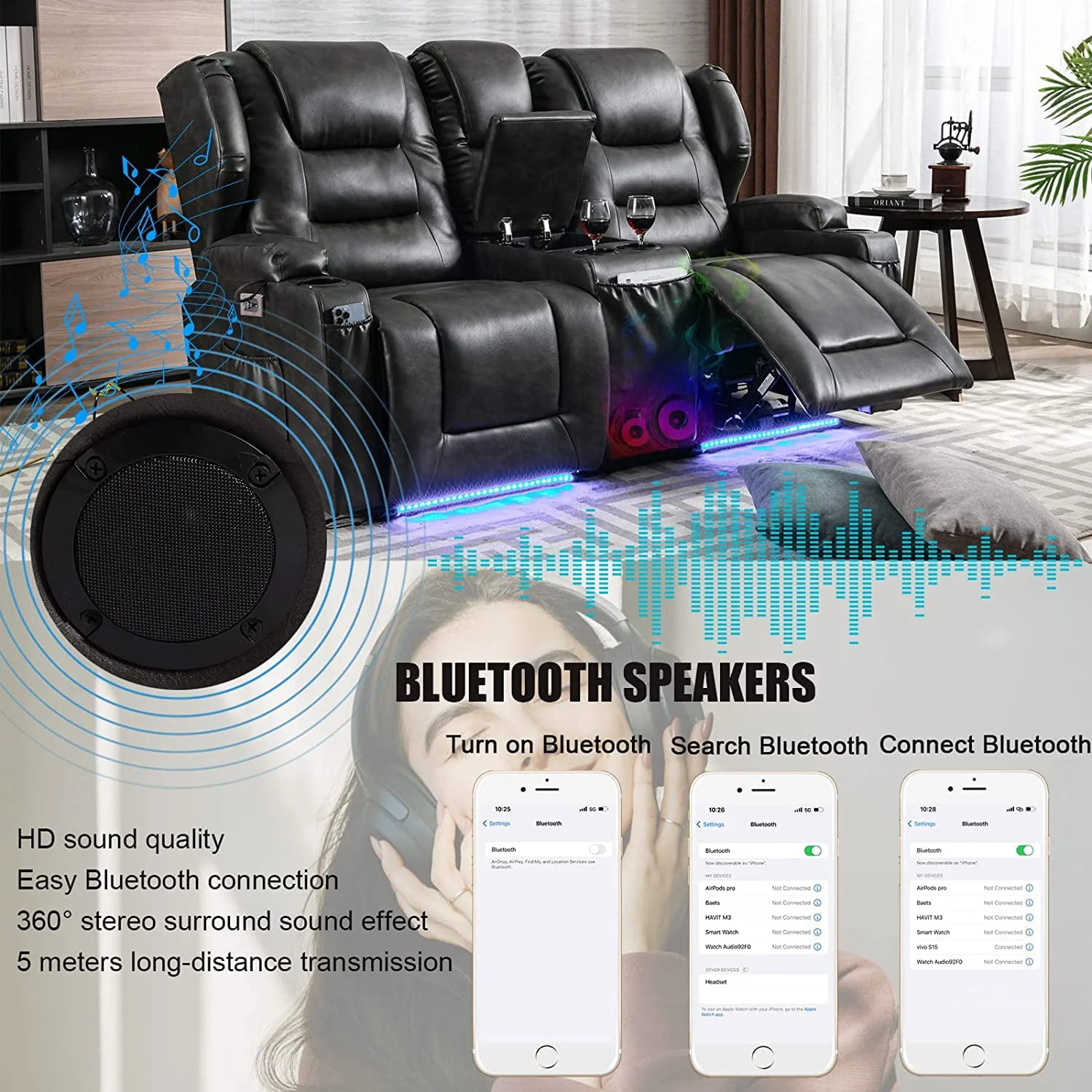Electric Home Theater Seating- Power Recline Chair Loveseat RV Sofa with Console, 67" Double Recliner 2-Seater RV Couch with Storage/USB Charging/Lighting/Cup Holders for Living Room(Black) - Image 7