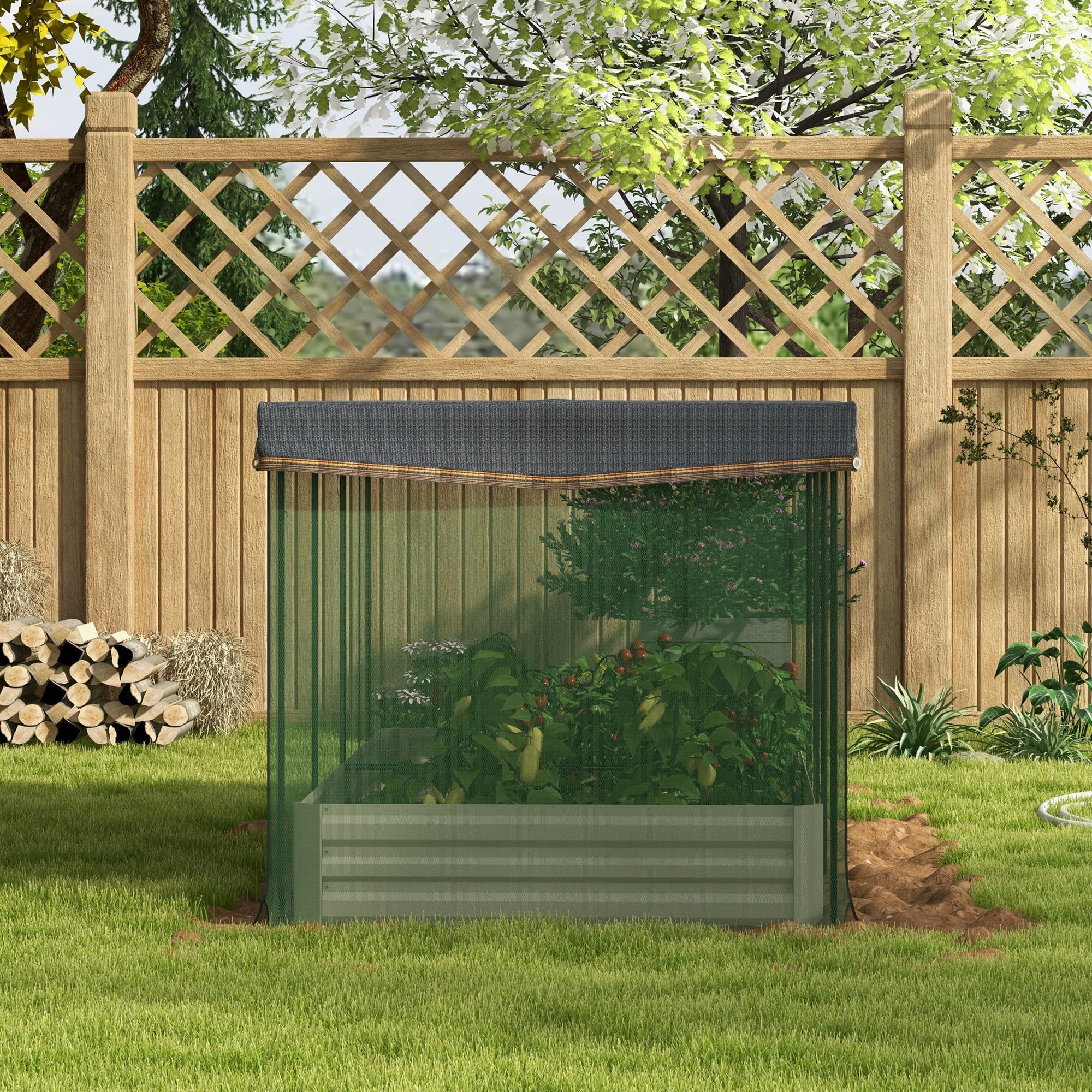 Outsunny Galvanized Raised Garden Bed with Crop Cage & Shade Cloth, Beige