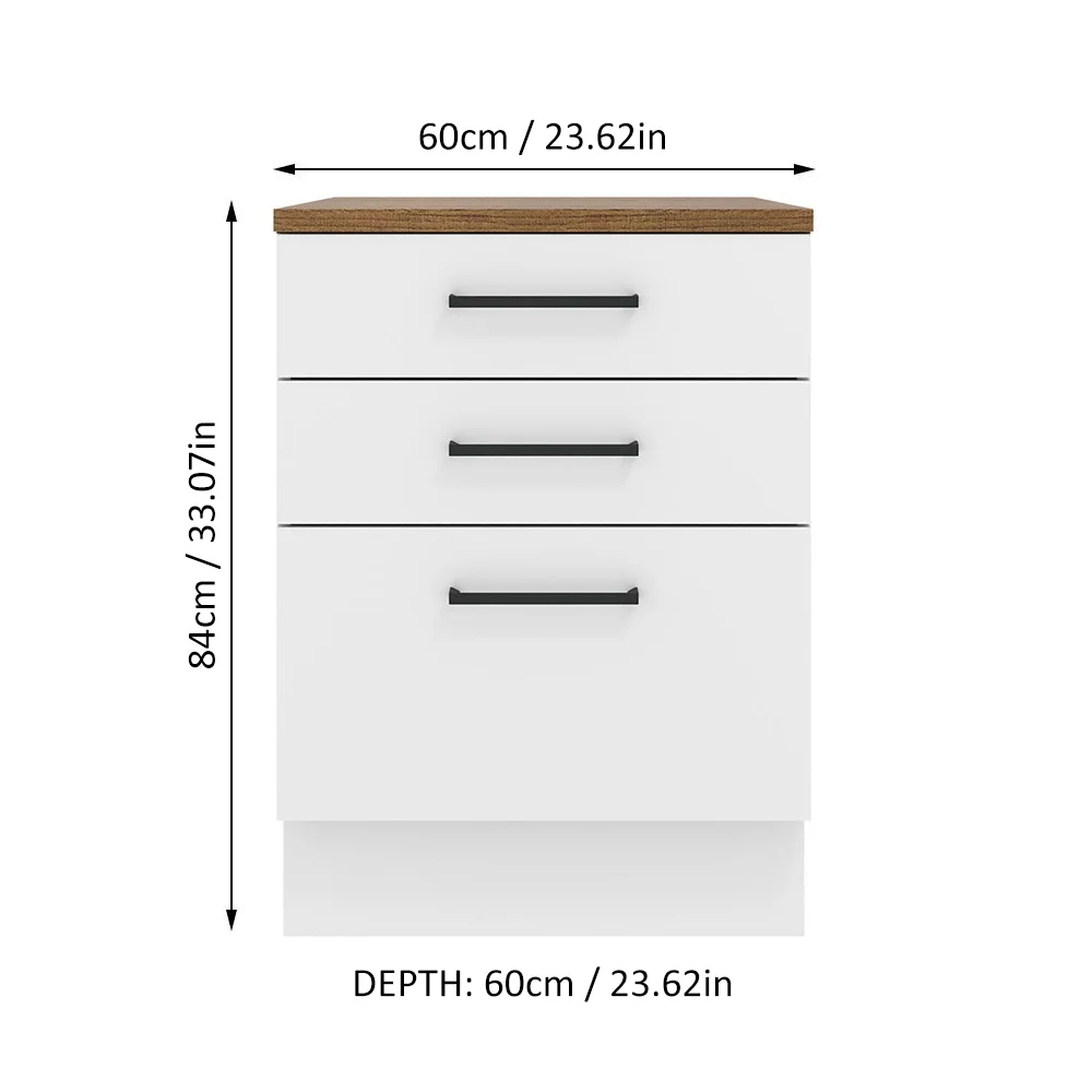 Madesa Hazel Kitchen Storage Base Cabinet with 3 Drawers 23 in Wide Engineered Wood Painted Finish Floor Mount Removable Plinth - White