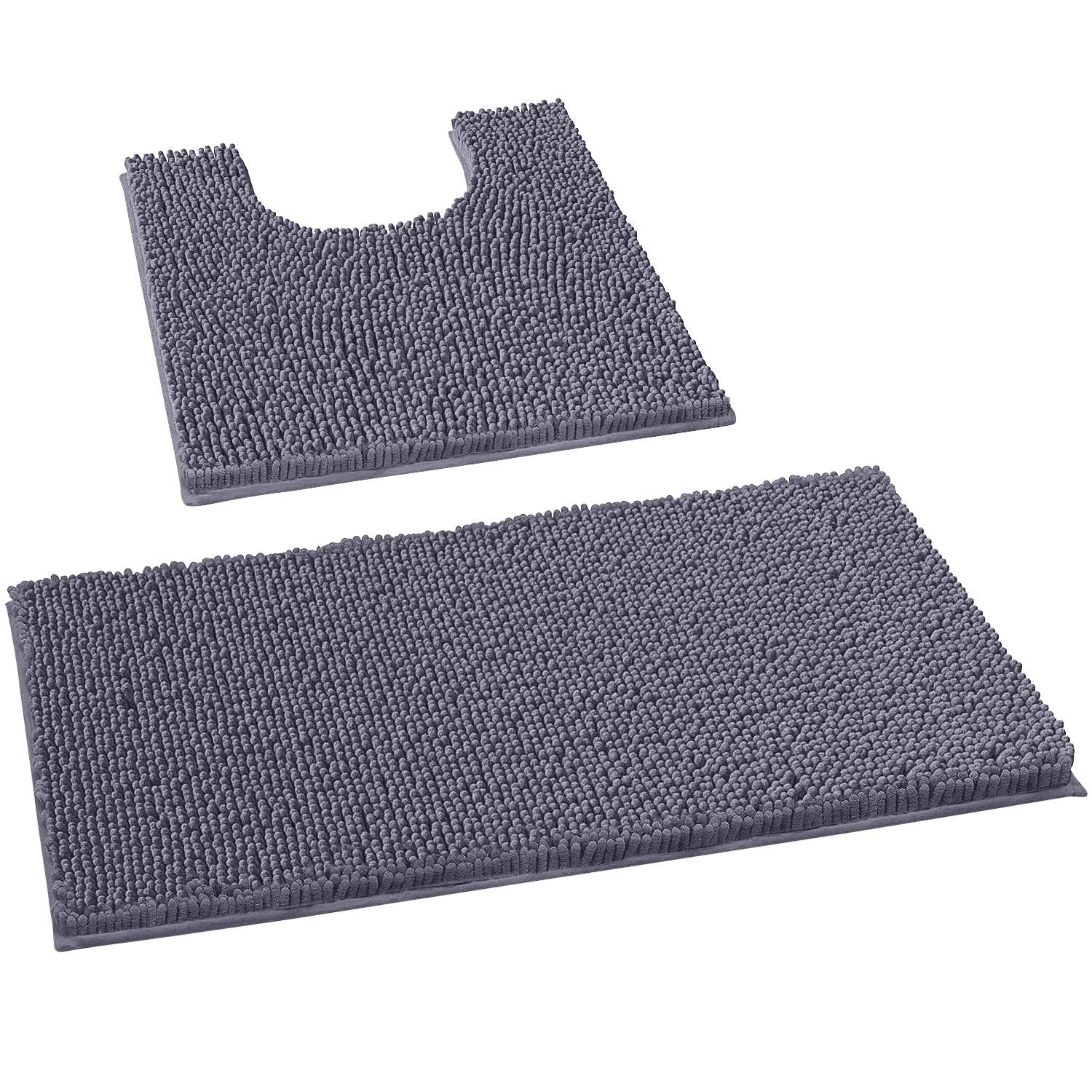 LuxUrux Bathroom Rugs Sets 2 Piece, Luxury Chenille Bath Mat Set, Soft Plush Anti-Slip Bath Rug + U-Shaped Toilet Mat Microfiber Shaggy