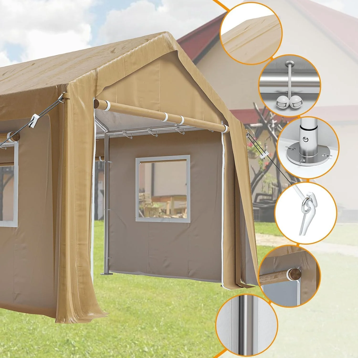 12x20 Heavy - Duty Carport Canopy Tent with 4 Roll - up Doors & 4 Windows Waterproof UV - Protected Powder - Coated Steel Frame Removable Sidewalls Khaki