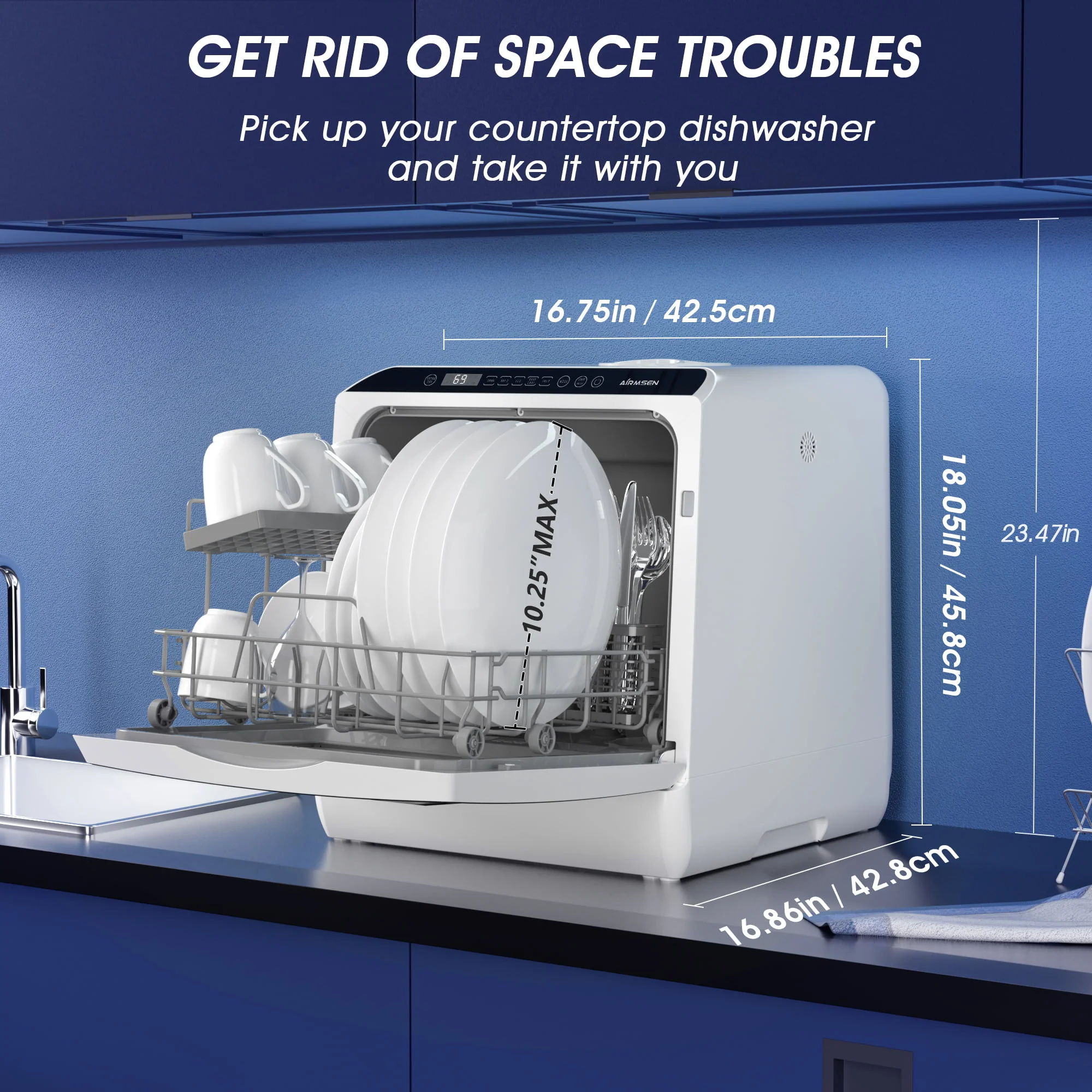 AIRMSEN Portable Countertop Dishwasher with 5 - Liter Built - in Water Tank and Air - Dry Function, 5 Washing Programs, AE - TDQR03