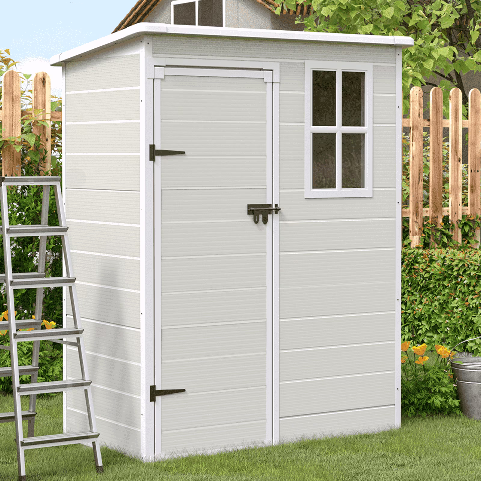 Outdoor Storage Shed 6x4.5 ft, Resin Outside Sheds Outdoor Storage Plastic for Trash Can, Bike, Lawnmower, Generator, Tool Shed with Lockable Door for Backyard, Lawn, Patio, Grey White(6*4/Gray) - Image 3