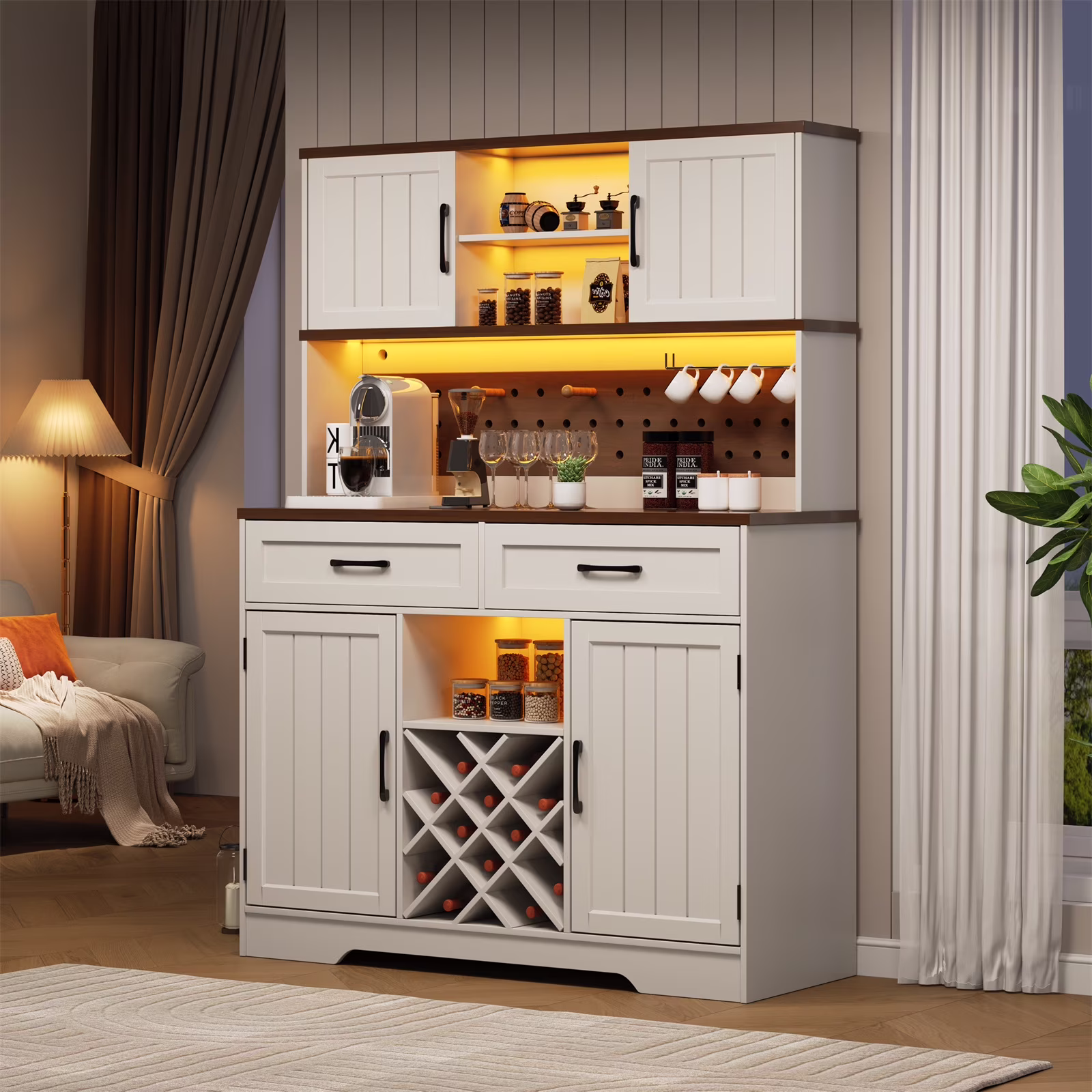 72" Kitchen Storage Cabinet with Power Outlet LED Light, Coffee Bar Cabinet with Drawers Wine Glass Rack,Sideboard for Home,White(White)