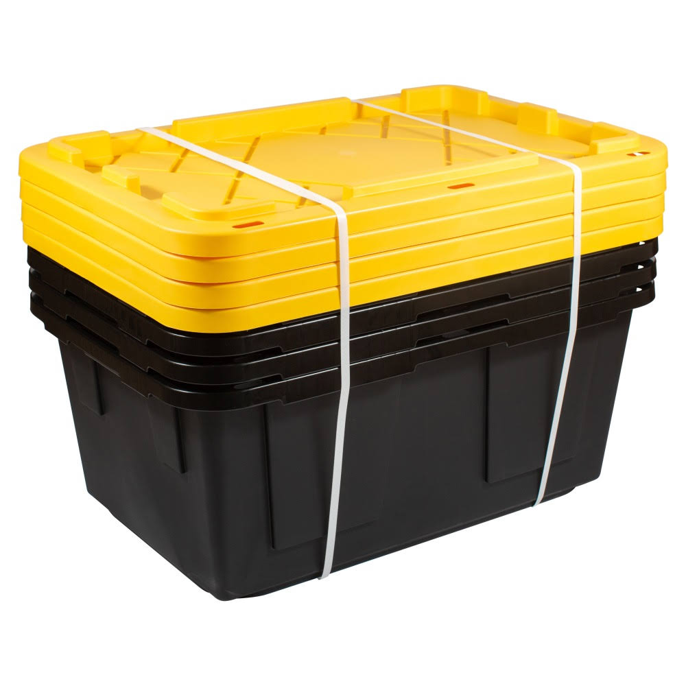 Office Depot Brand by Greenmade Professional Storage Totes, 23-Gallon, Black/Yellow, Pack of 4 Totes