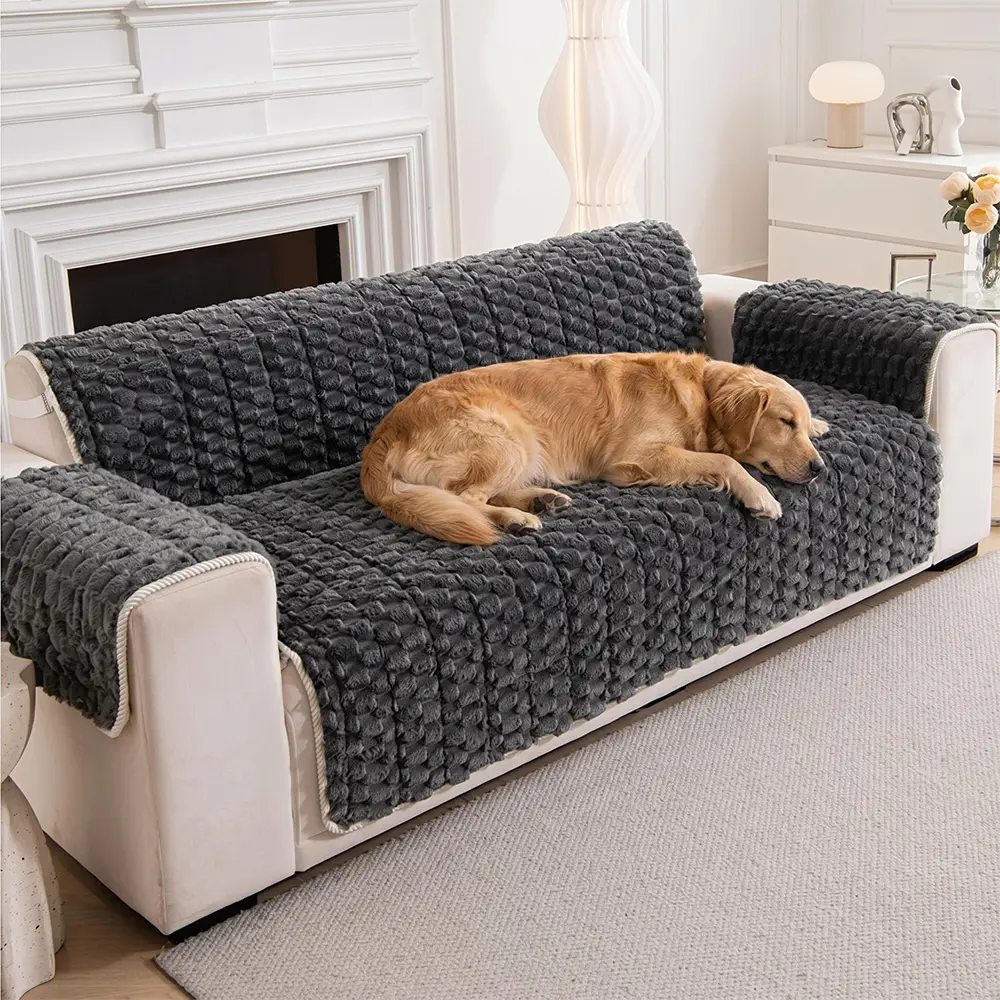 Fuzzy Bubble Plush One-Piece Pet-Friendly Sofa Protection Non-Slip Couch Cover