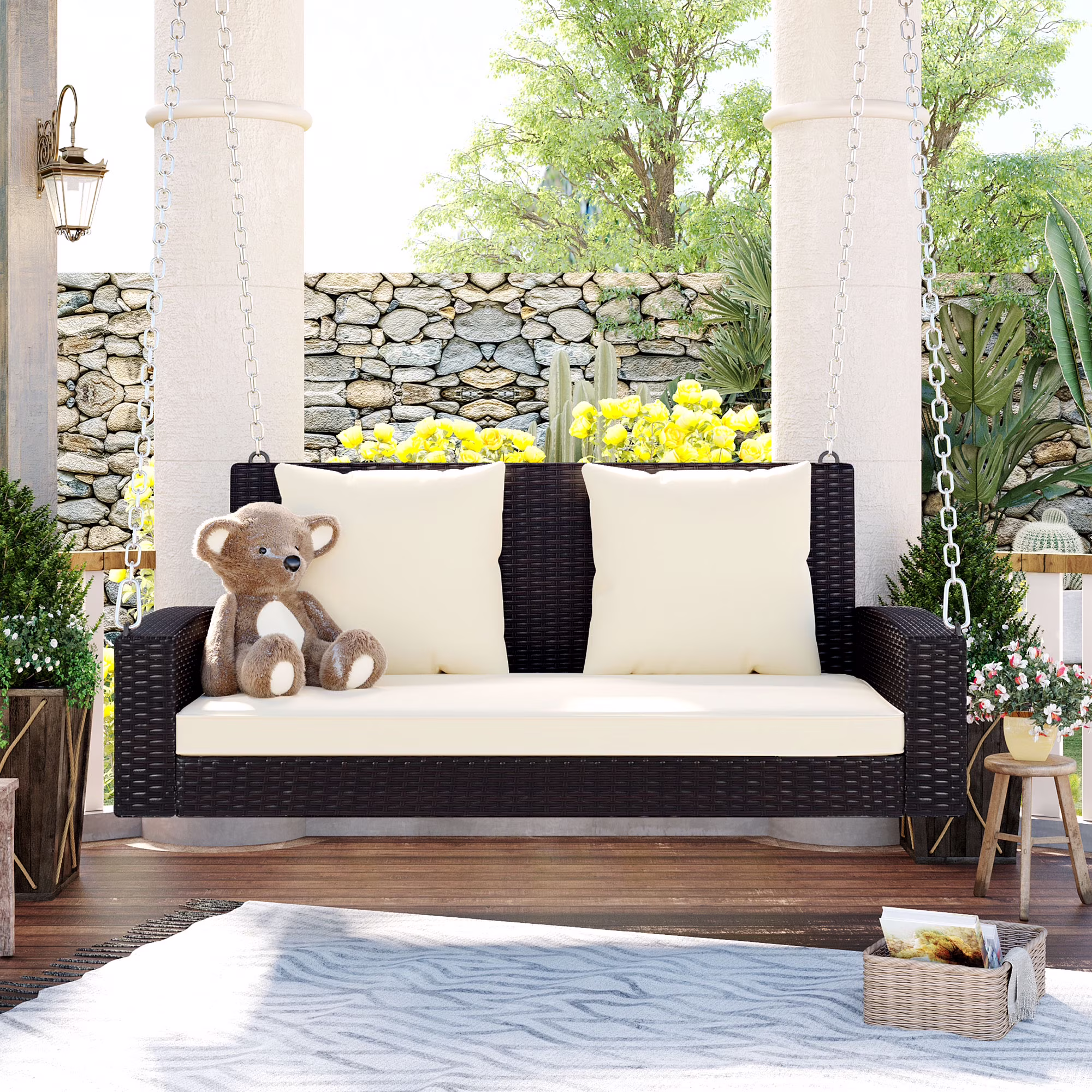2-Person Wicker Hanging Porch Swing, Outdoor Rattan Swing Bench W/ 2 Back Cushions & 1 Seat Cushion, Sturdy Steel Chain, 500lbs Weight Capacity, Suitable for Deck, Backyard, Garden, Beige