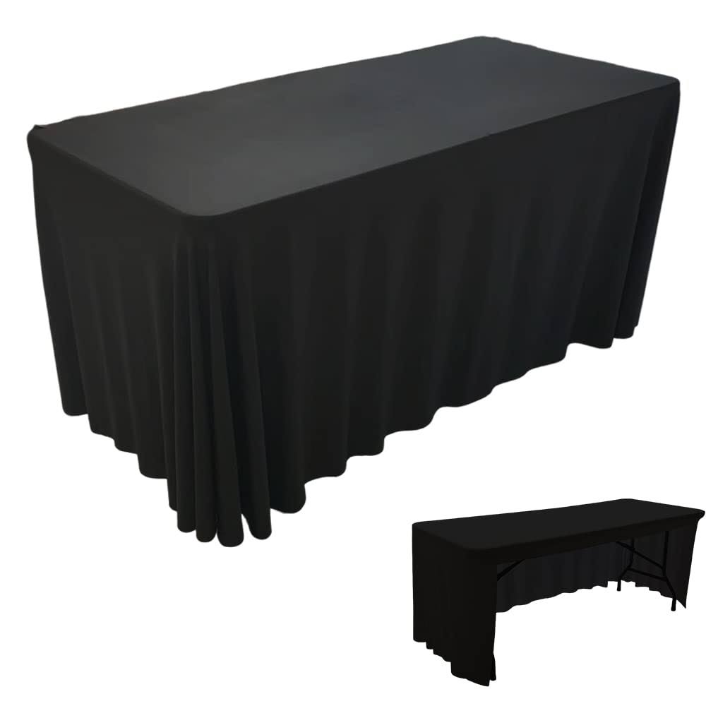 HAORUI Open Back Table Skirts, Rectangle Wrinkle Resistant Table Clothes, Ruffles Elastic Table Cover for Banquets, Weddings, Parties (6ft Black)