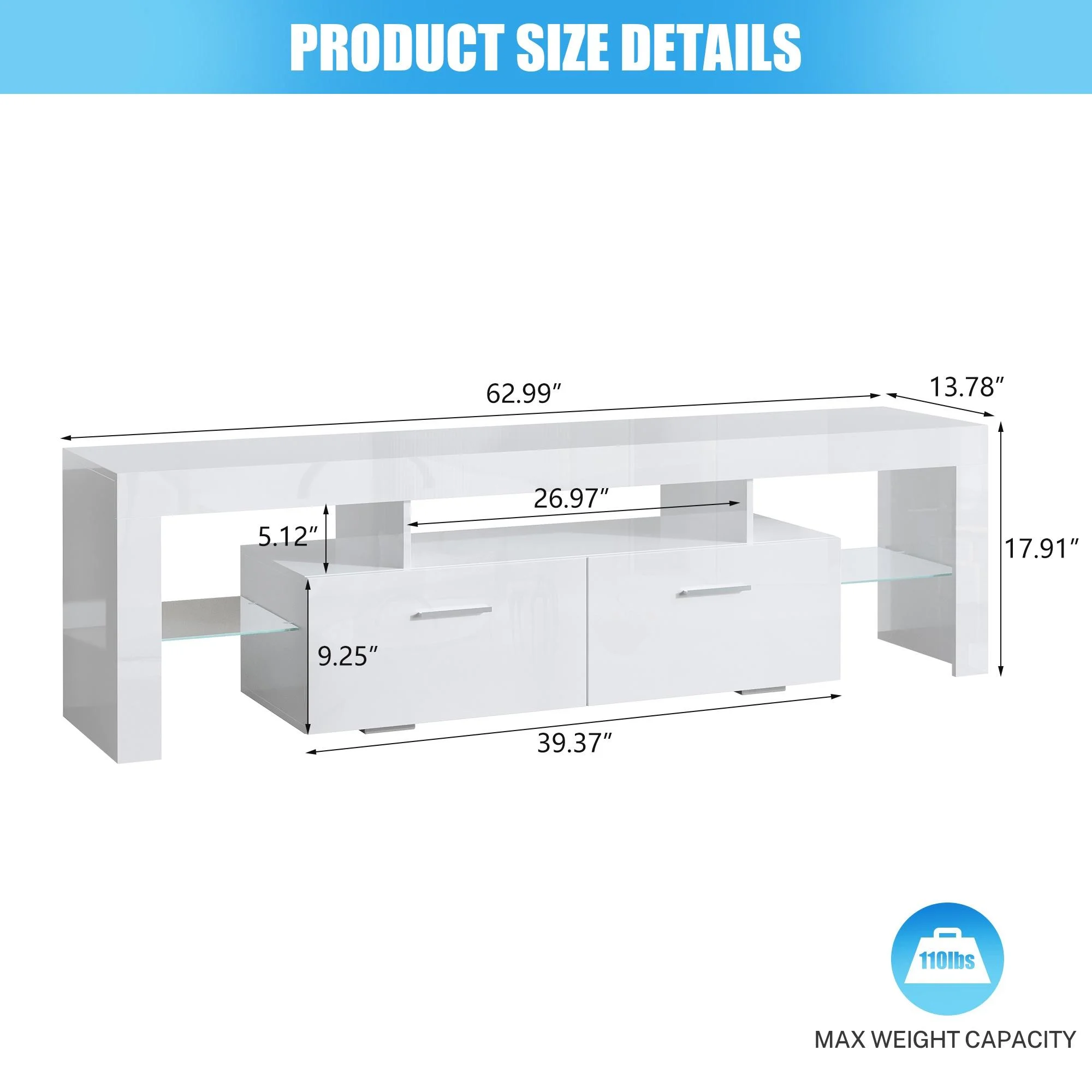 TV Stand for TVs up to 70", High Gloss TV Cabinet with LED Light, Modern TV Console Table with Storage Drawers, Media Television Stand Entertainment Center, White(70 inch/White) - Image 10