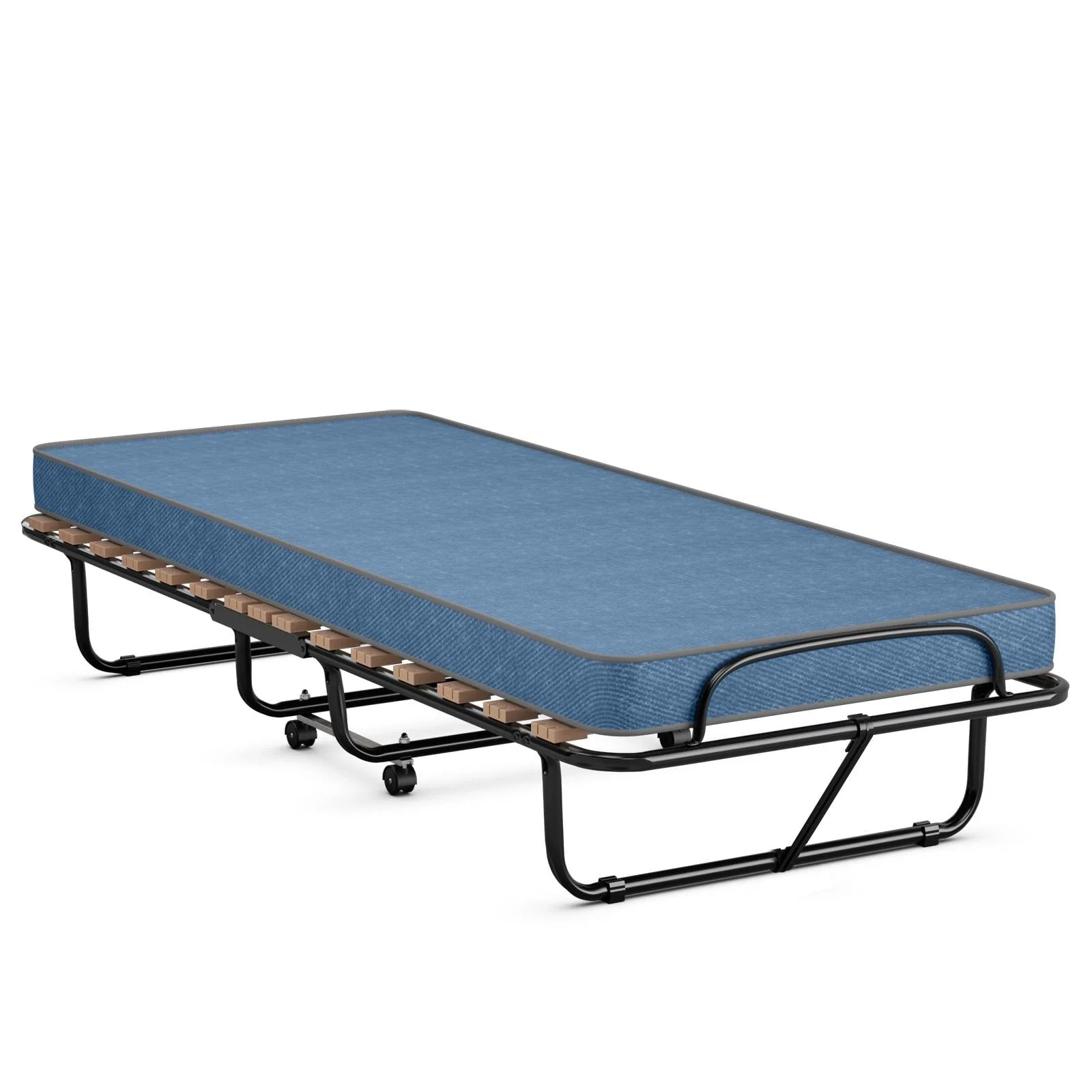 Rollaway Bed with Memory Foam Mattress, Folding Portable Guest Cot Size w/Sturdy Metal Frame for Home, Garden Office, Made in Italy (Navy)