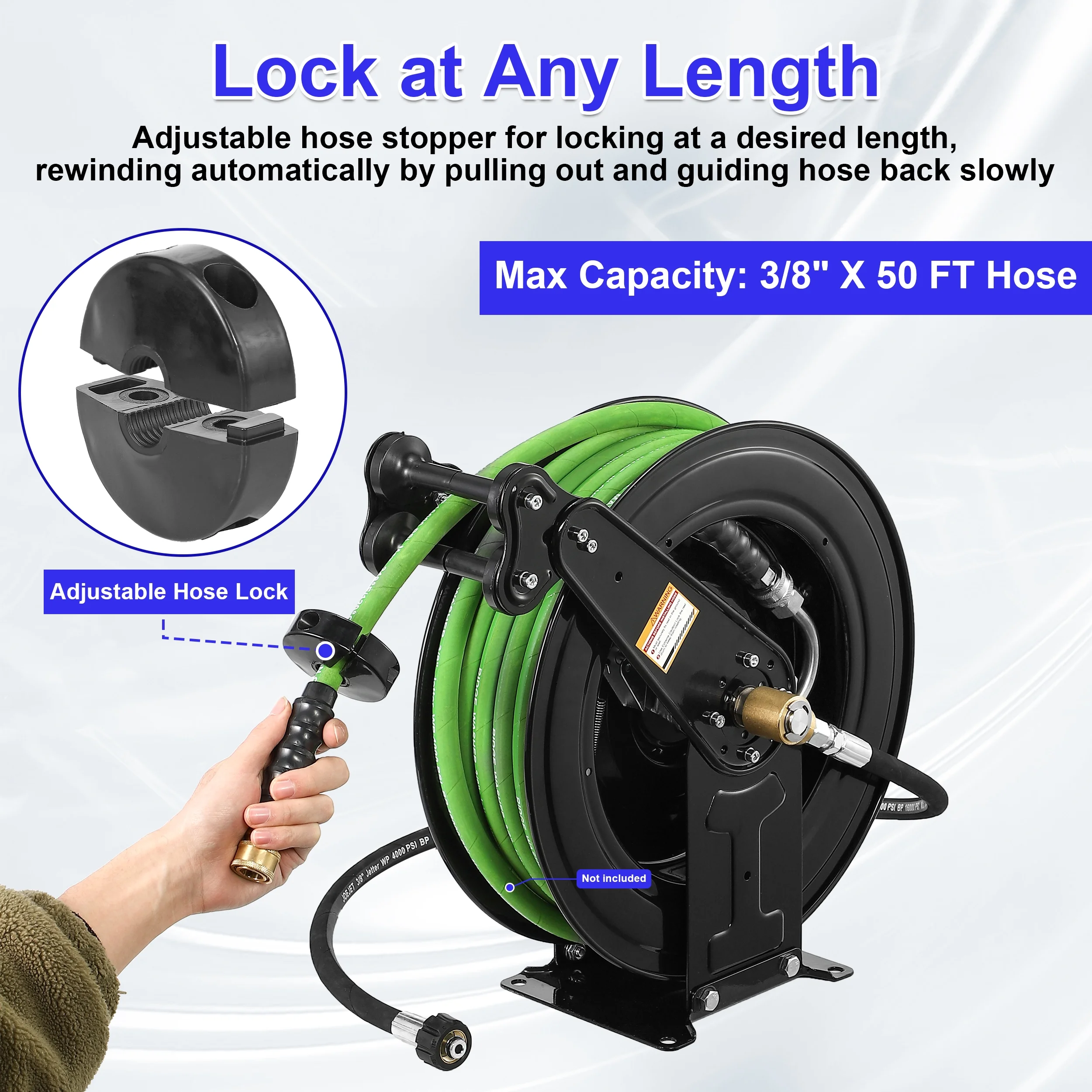 Auto - Retractable Pressure Washer Hose Reel, 50FT x 3/8