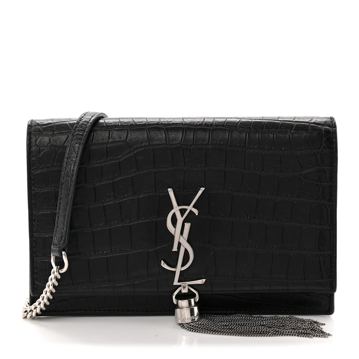 Calfskin Crocodile Embossed Kate Monogram Tassel Chain Wallet Black