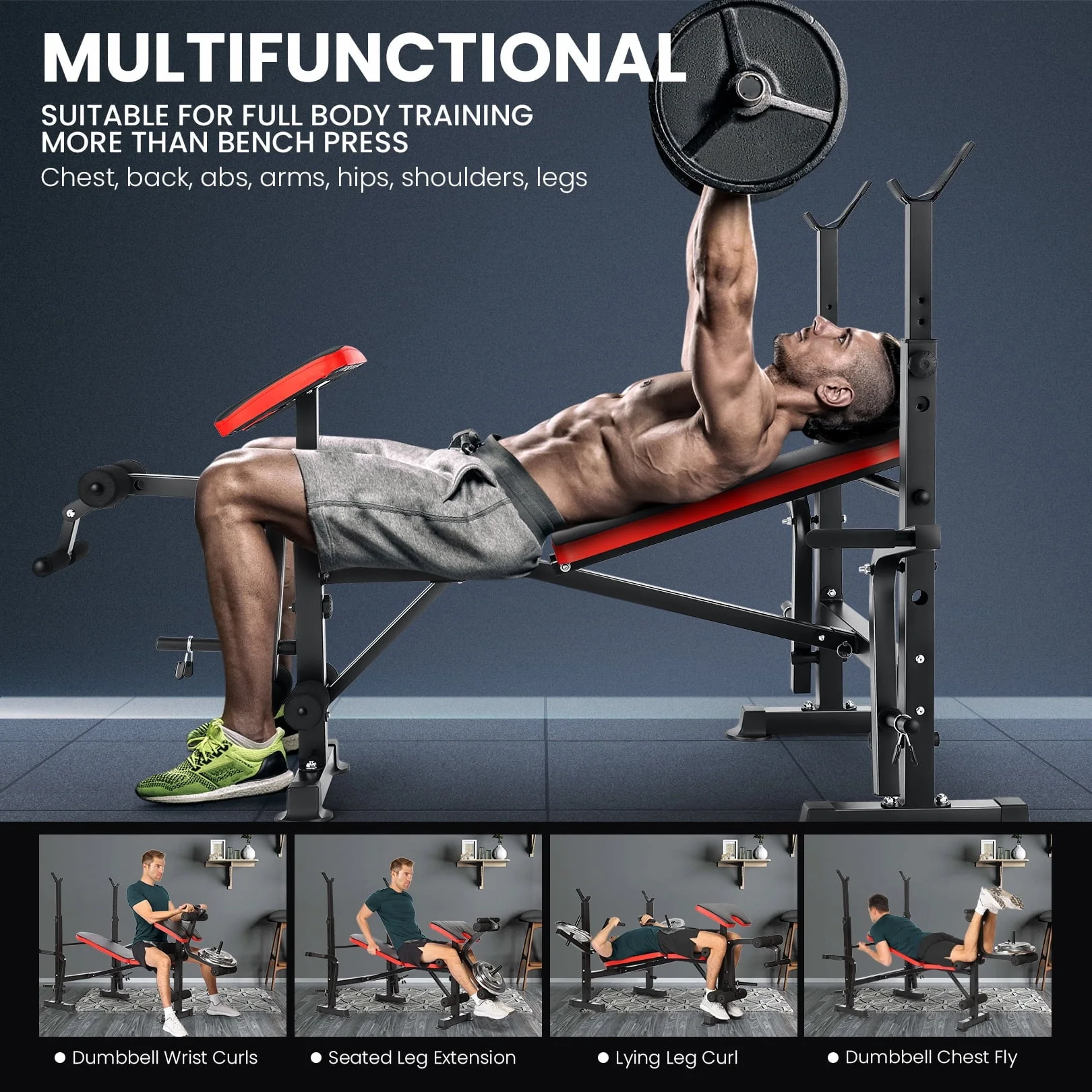 VIBESPARK Adjustable Weight Bench 600lbs 5 in 1 Foldable Workout Bench Set with Barbell Rack Leg Developer Preacher Curl Rack Dumbbell Fly Attachment, Multi Function Strength Training Bench Press Image 5