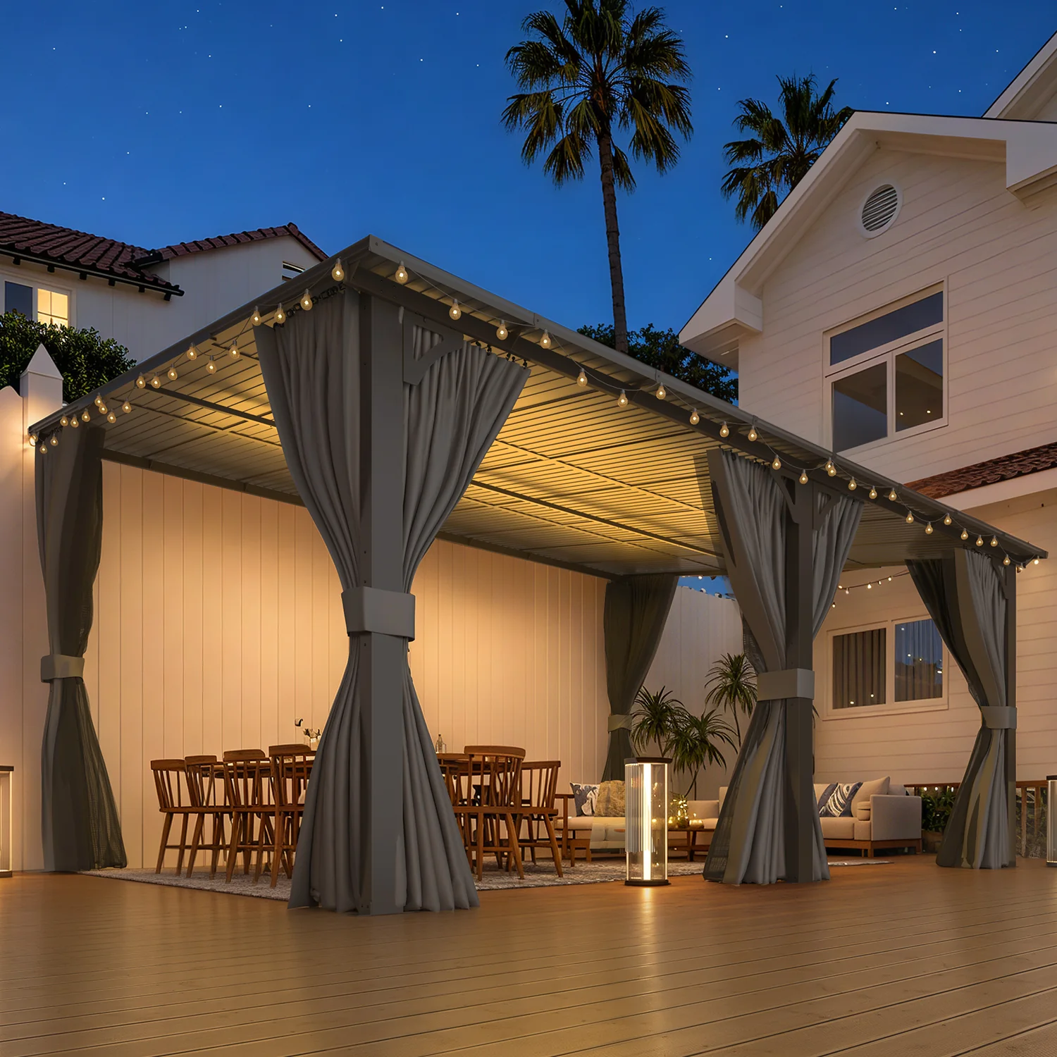 AECOJOY 16'x12' Wall Gazebo with Curtains and Mosquito Netting, Gray