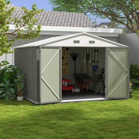 Patiowell Size Upgrade 10 x 10 ft Outdoor Storage Metal Shed with Sloping Roof and Double Lockable Door, Gray, Size: 10' x 10'