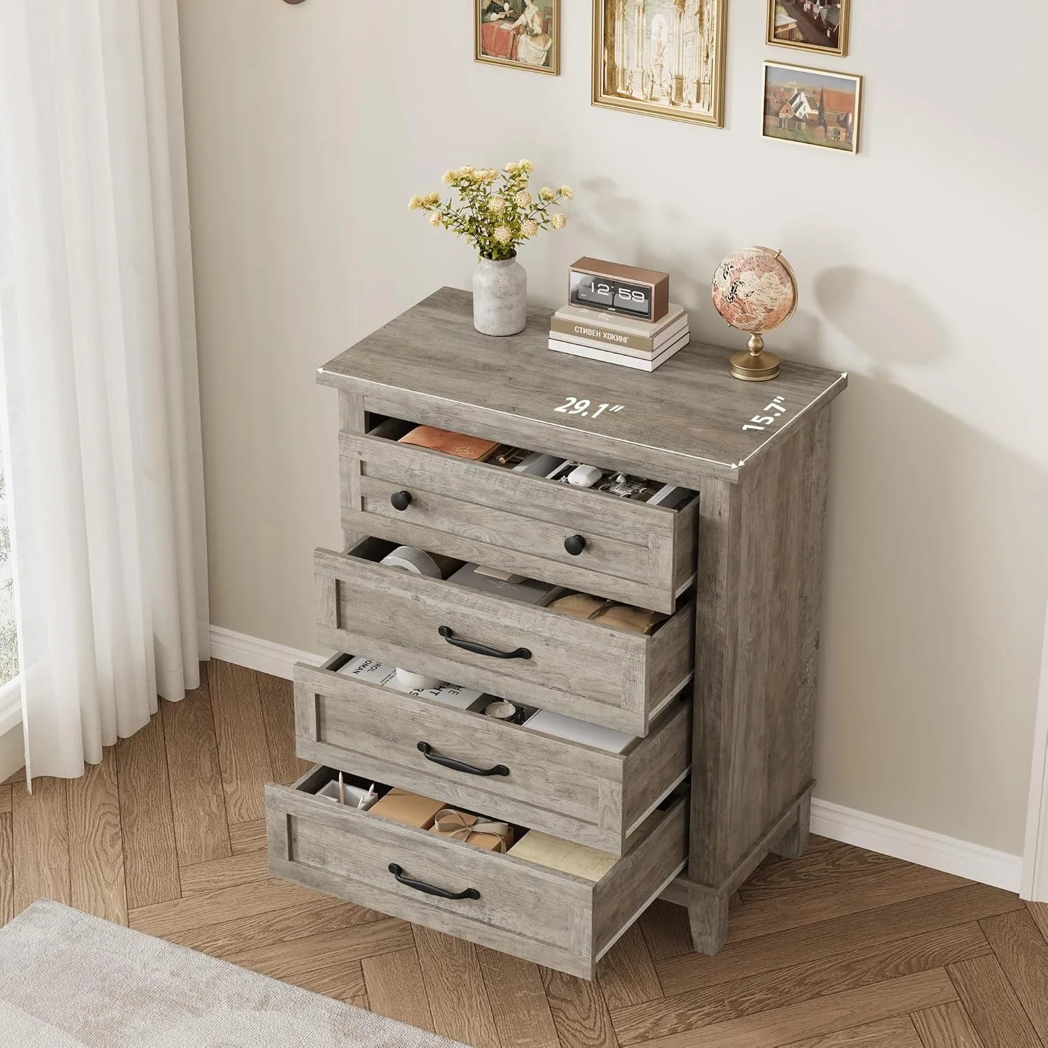 4 Drawer Dresser for Bedroom,34.8" Tall Bedroom Dresser with Large Drawer Black Handles,Wooden Storage Organizer Cabinet Chest of Drawer for Living Room,Hallway(Retro Gray) - Image 5