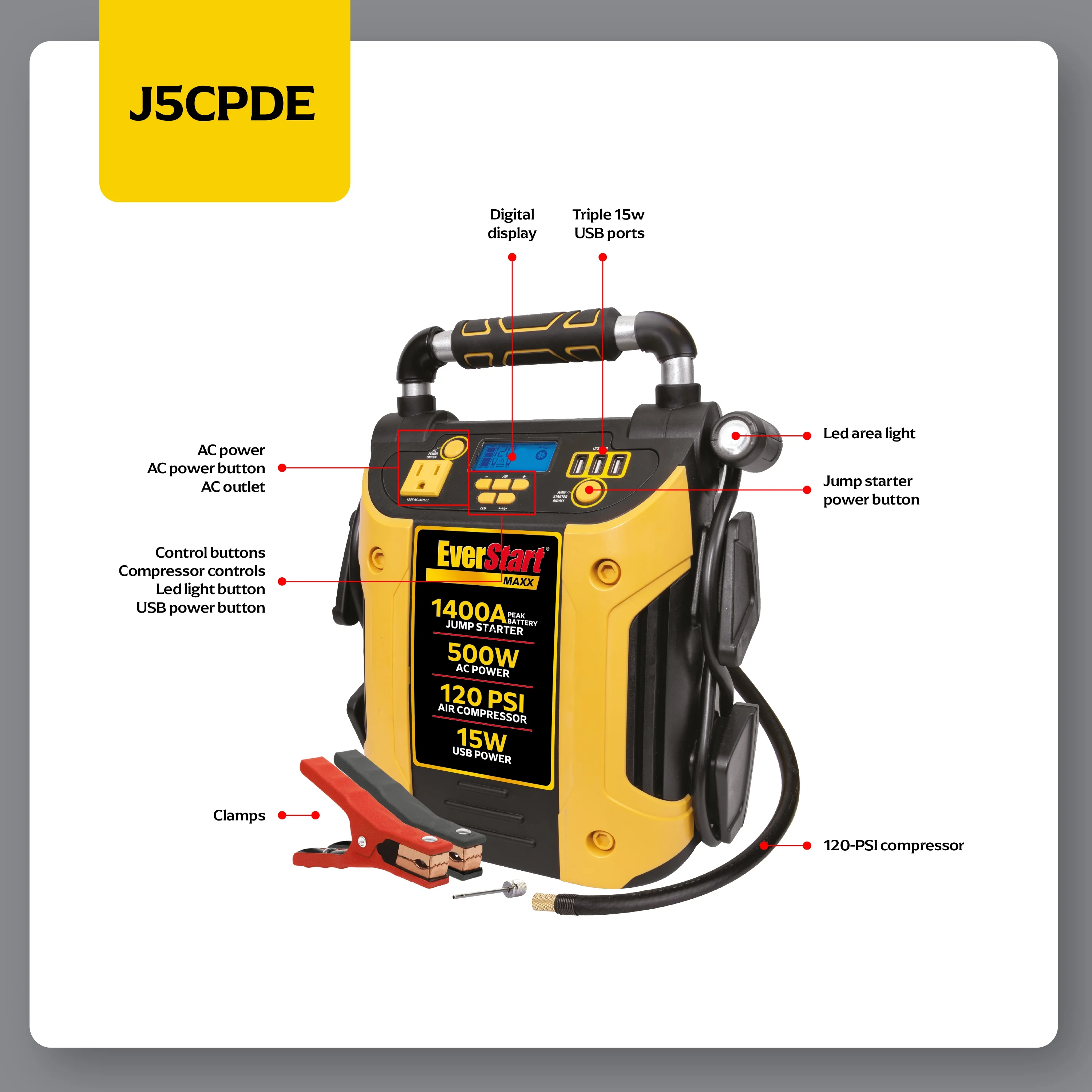 Maxx J5CPDE 1400 Peak Amps Jump Starter, Power Station, 500W Inverter, 120 PSI Compressor - Image 3