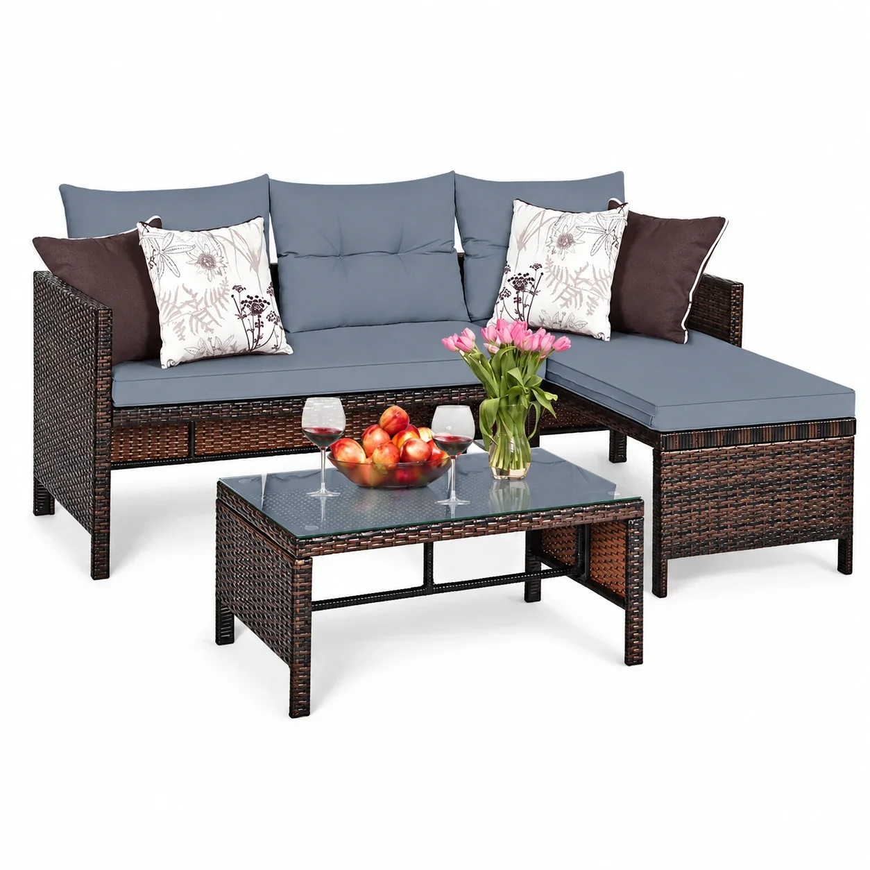 Costway 3PCS Patio Wicker Rattan Sofa Set Outdoor Sectional Conversation Set Lawn Garden