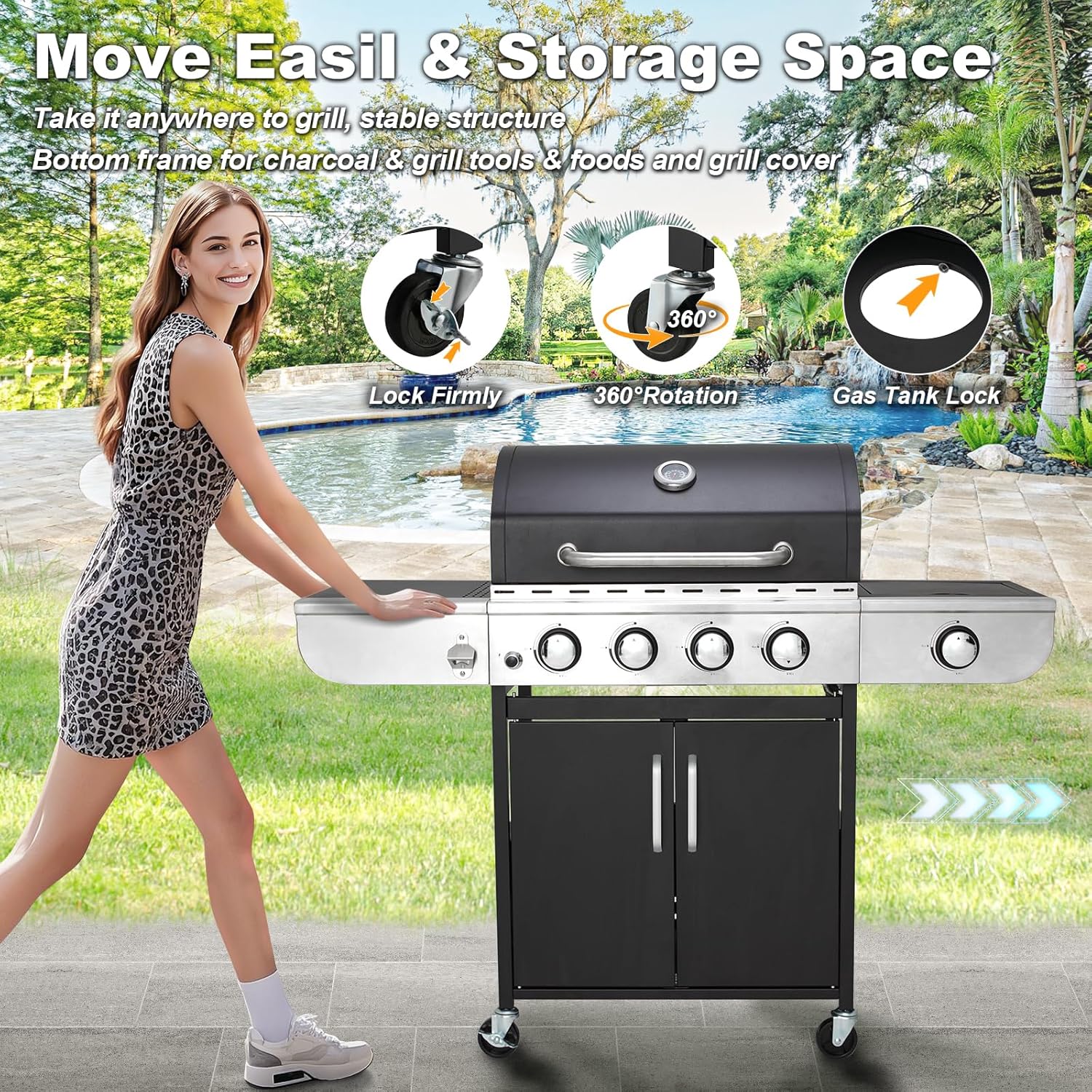 Upgraded 4 Burner Bbq Propane Gas Grill with Cast Iron Grates & Side Stove, 44,000 btu Stainless Steel Burner Barbecue Grill for Patio,…