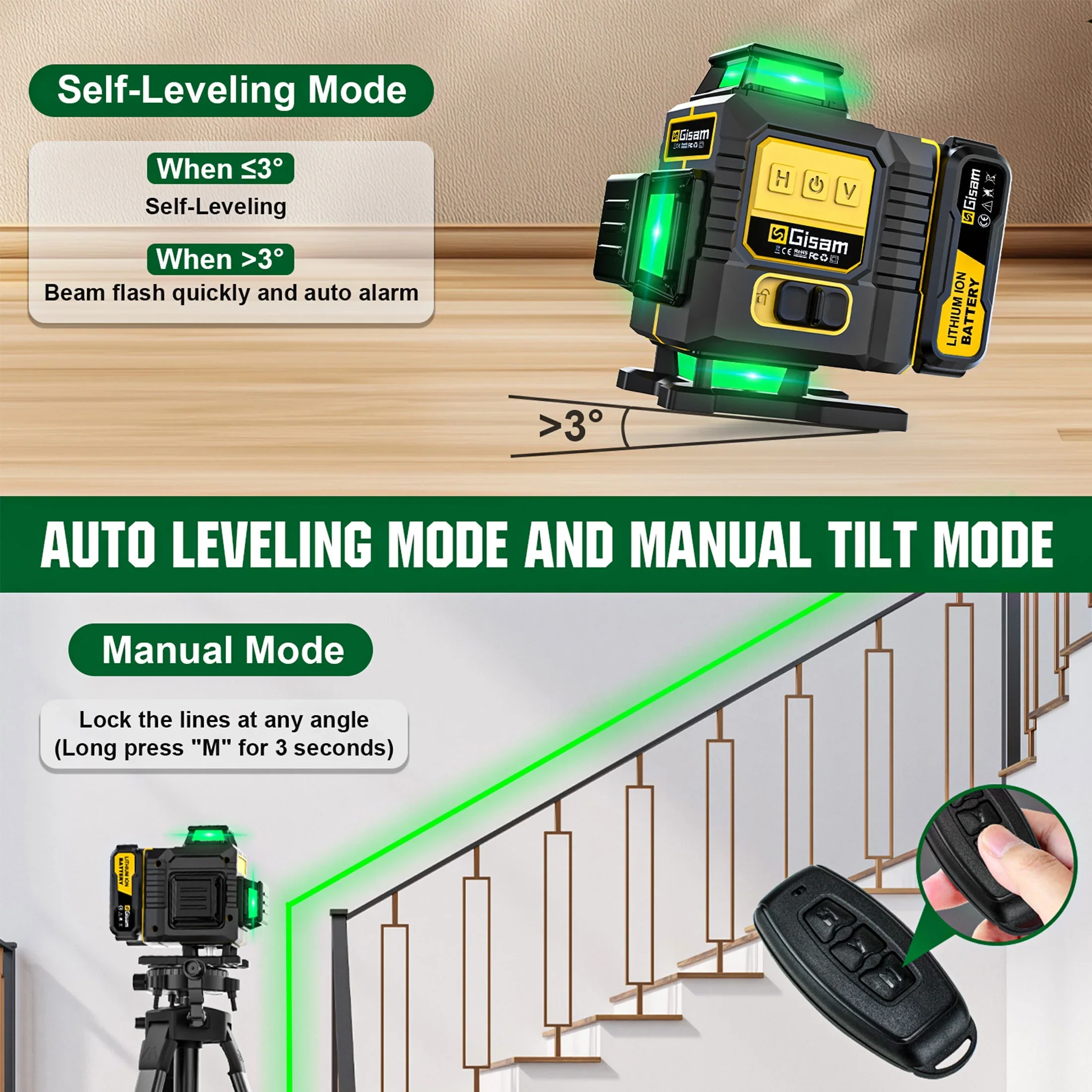 Gisam Laser Level with Tripod , 4x360�� Self-Leveling Green Cross Line 4D Laser Tool with Remote Control & 2* 4800mAh Battery