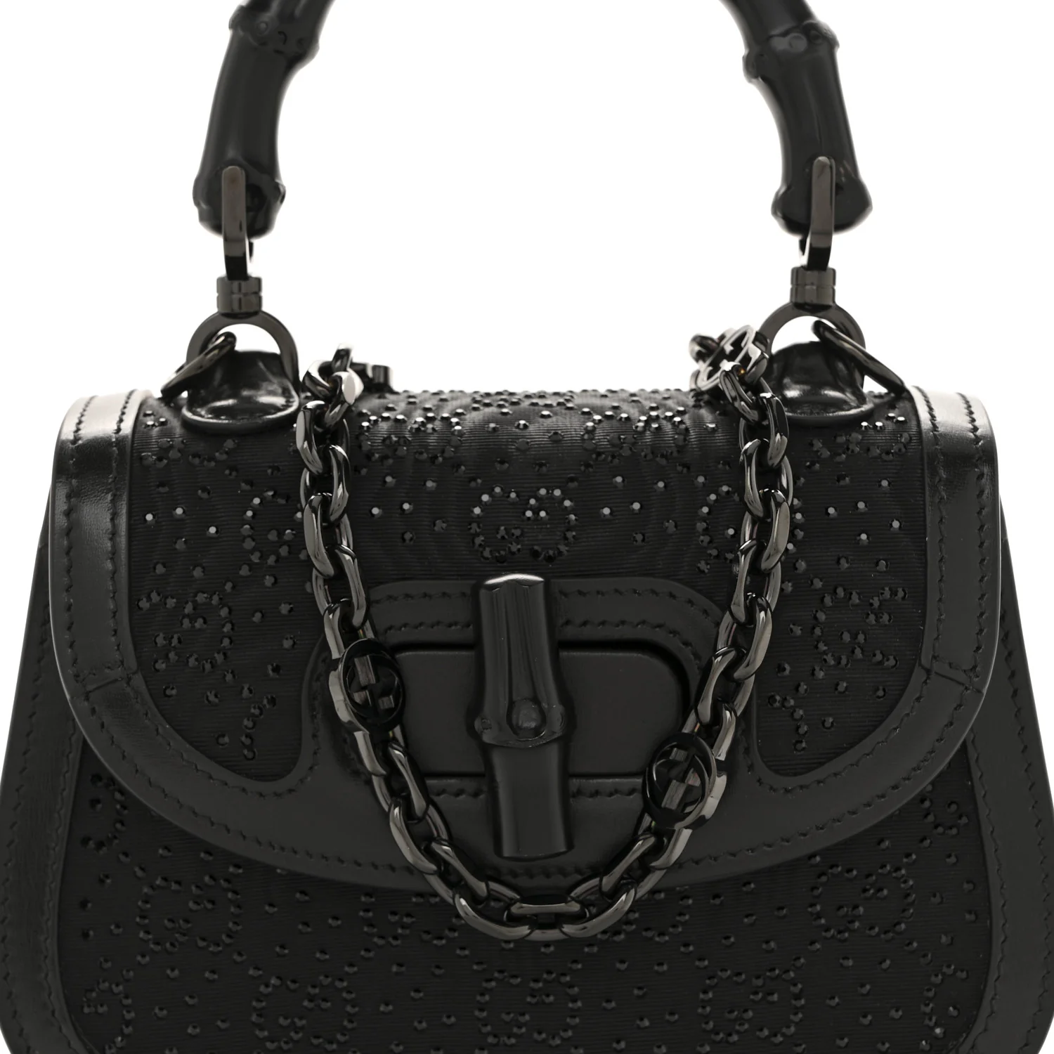 Moire Fabric Calfskin Rhinestone Monogram Monochrome Mini Bamboo 1947 Top Handle Chain Bag Black