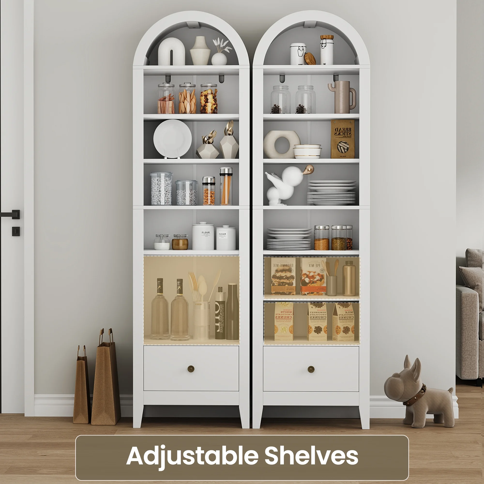 Arched Cabinet, 71" Tall Kitchen Pantry Cabinet, 8 Tiers Arched storage Cabinet with Doors and Shelves, Bookcase for Entryway, Hallway, Living Room, White(White) - Image 6