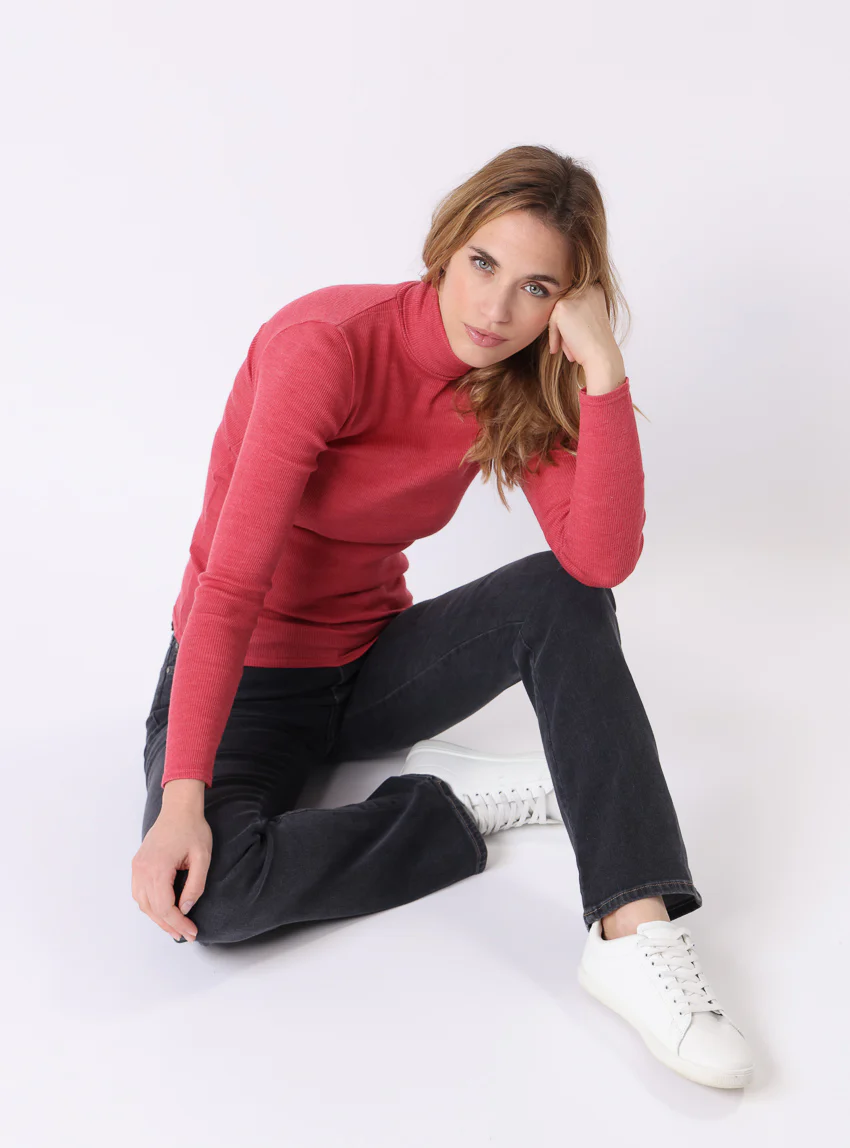 Pull chaussette col roulé laine et soie rouge