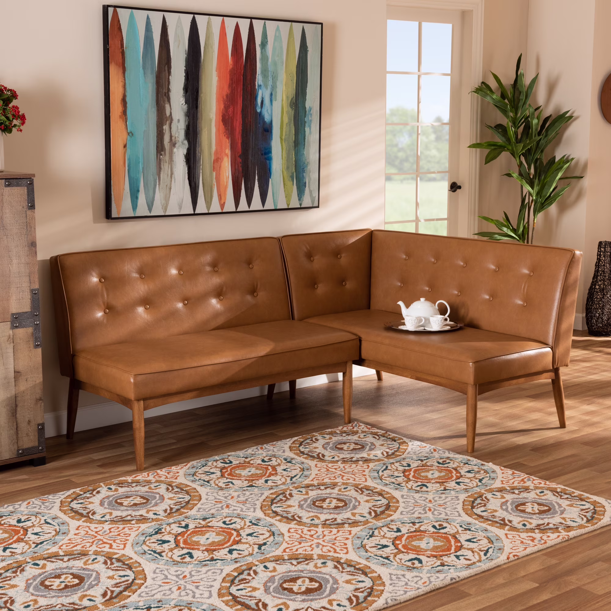 Arvid Mid-Century Modern Tan Faux Leather Upholstered and Walnut Brown Finished Wood 2-Piece Dining Corner Sofa Bench