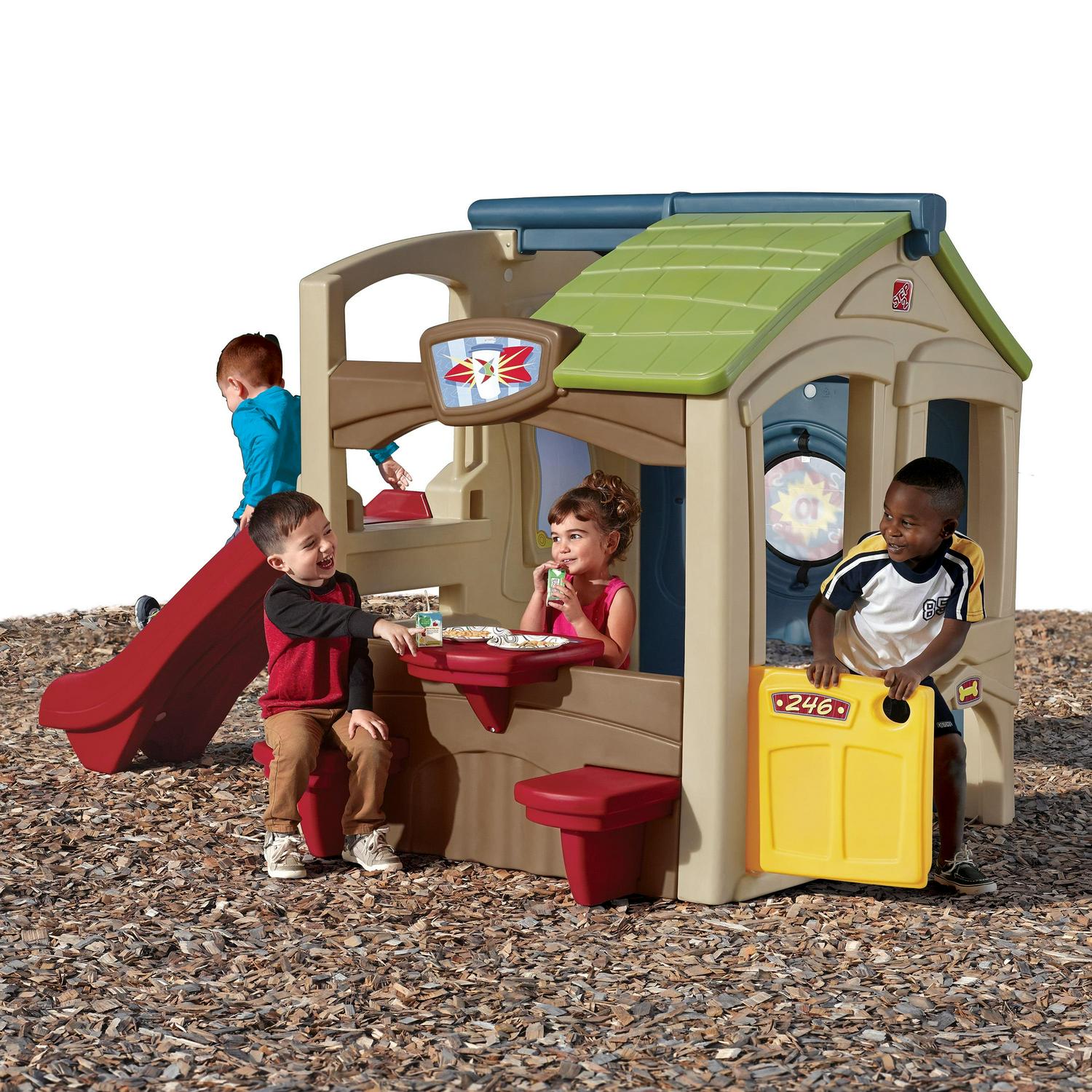 Neighborhood Fun Center Brown Playhouse with Slide Plastic Kids Outdoor Toys Image 7