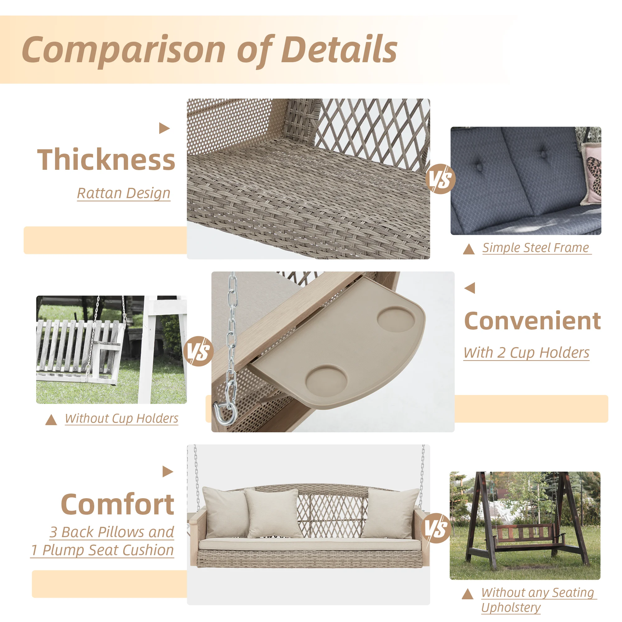 3-Person Porch Swing 55in Wicker Hanging Swing Bench with Cushions and Cupholders for Deck, Garden and Backyard, Beige(Beige) - Image 4