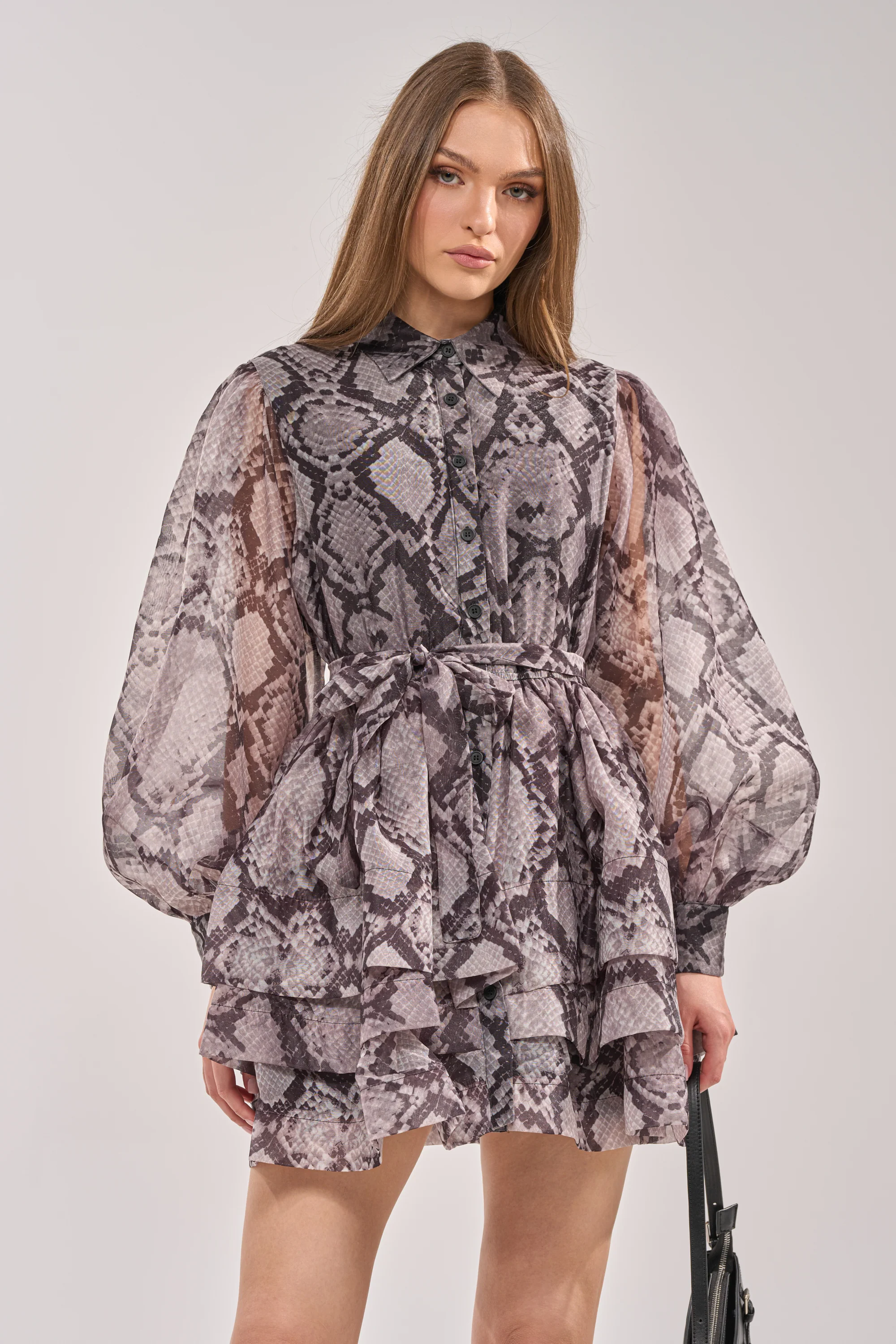 IT GIRL CHIFFON RUFFLE MINI DRESS IN SNAKE - Akira Store