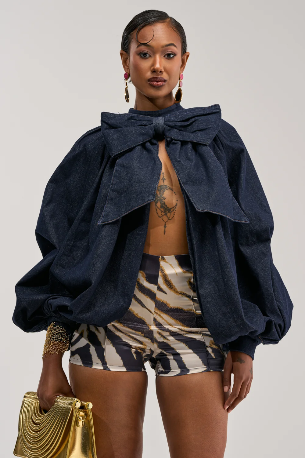 LEAH RUCHED DENIM MOCK NECK TOP IN DARK BLUE DENIM - Akira Store