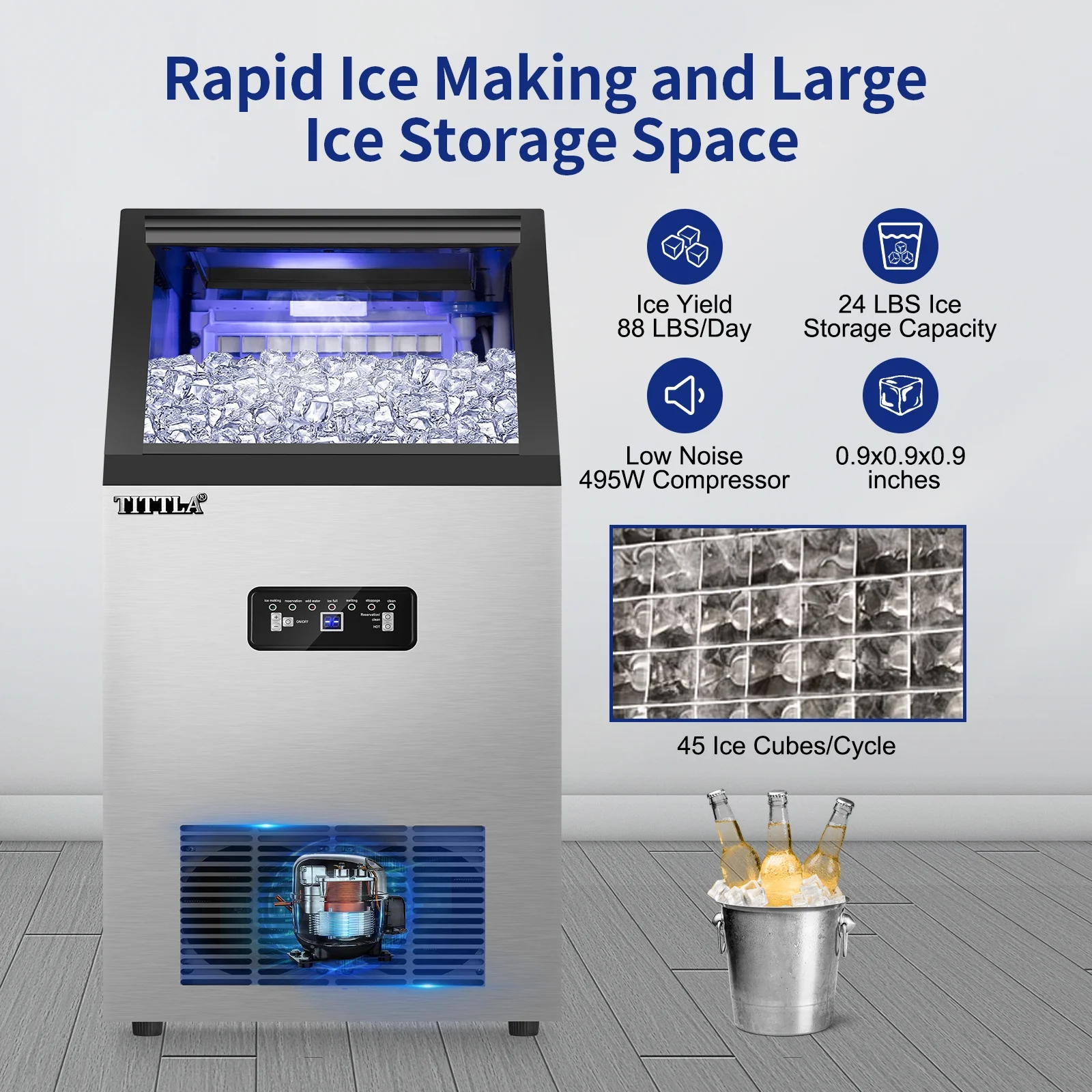 TITTLA 100 lb/24H Commercial Ice Maker Machine, 24 lb Storage, 45 Ice Cubes in 12 - 15 Mins, Stainless Steel Ice Maker for Home Bar Cafe