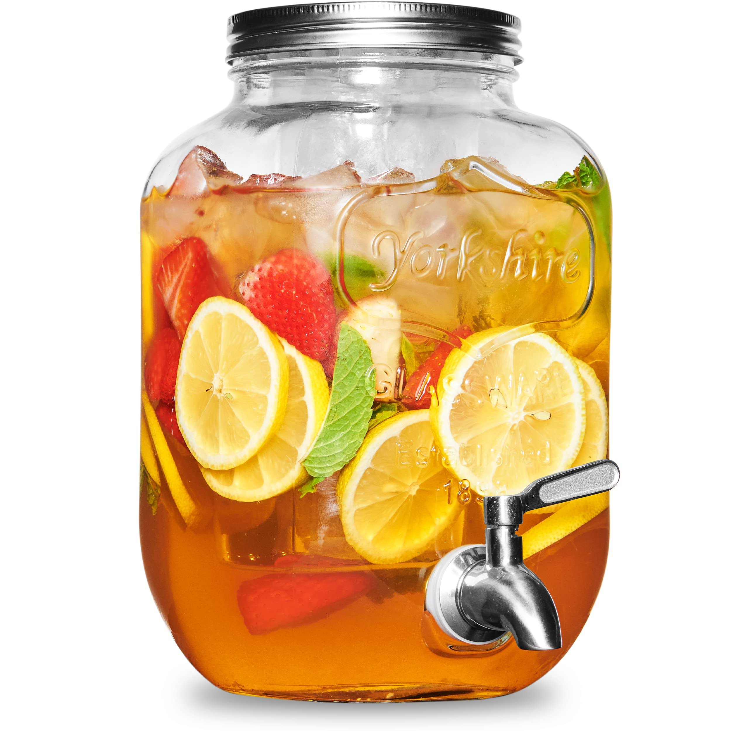 FineDine 1-Gallon Glass Beverage Dispenser with 18/8ÿstainless Steel Spigot - 100%leakproof - Wide Mouth Easy Filling - Drink Dispenser with Ice