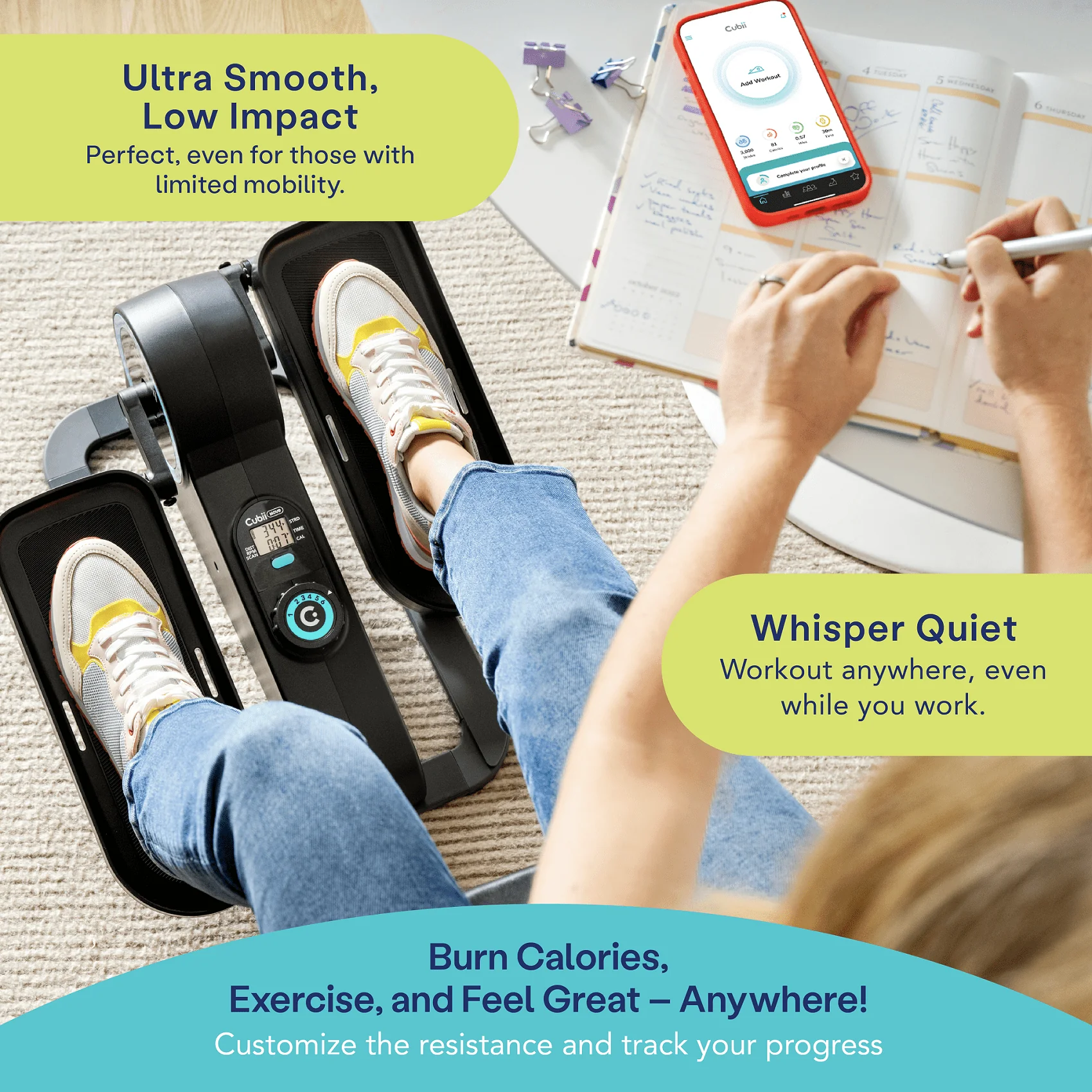 Cubii Move - Compact Seated Under Desk Elliptical Trainer, 6 Adjustable Magnetic Resistance Levels