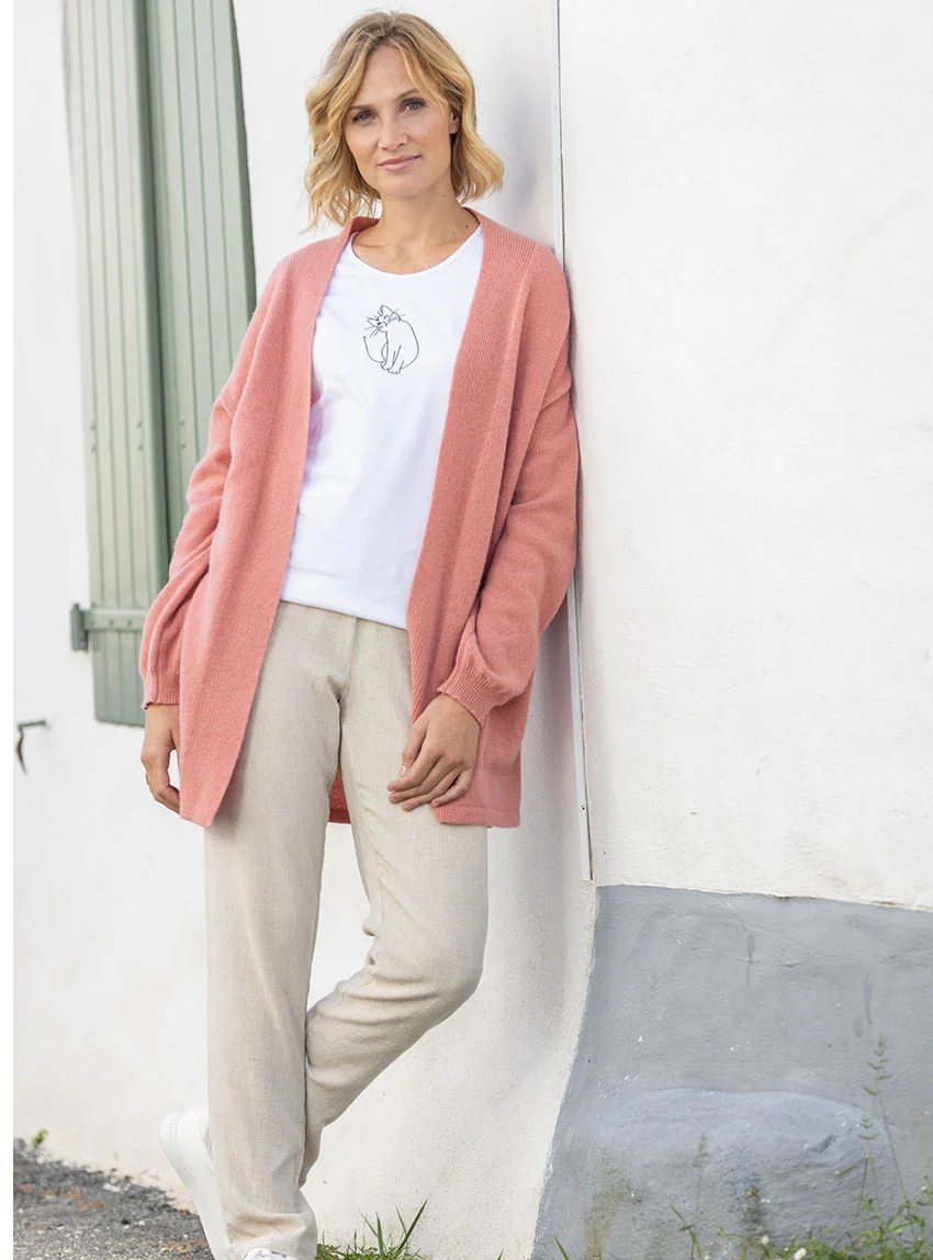 Gilet long femme en laine recyclée rose