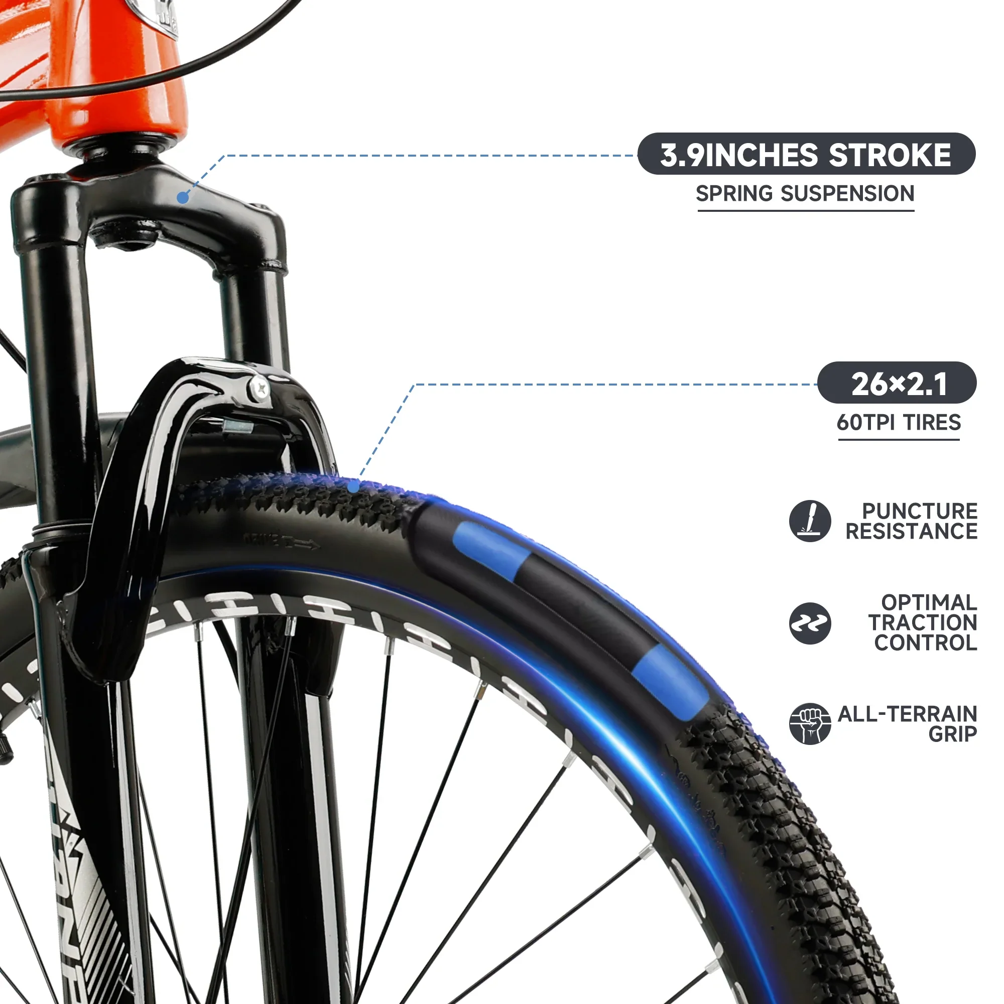 ARTUDATECH 26 Inch Wheel Full Suspension Mens Mountain Bike, Shimano 21 Speed,  Dual Disc Brake Bike for Men Womens Adult Bicycle With Bike Lock And Air Pump, orange