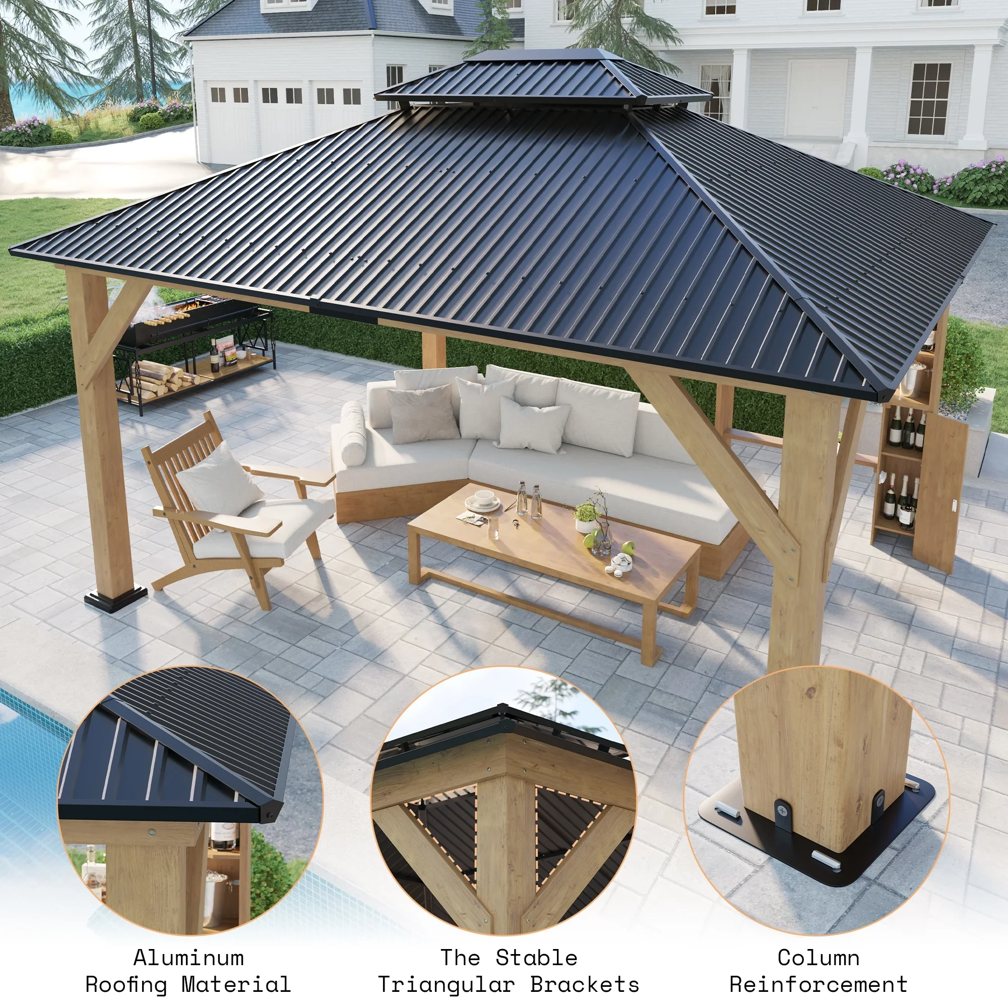 Jocisland Wood Gazebo 10'x12', Wind & Rain Resistant Design, Grill Gazebo for Garden, Backyard